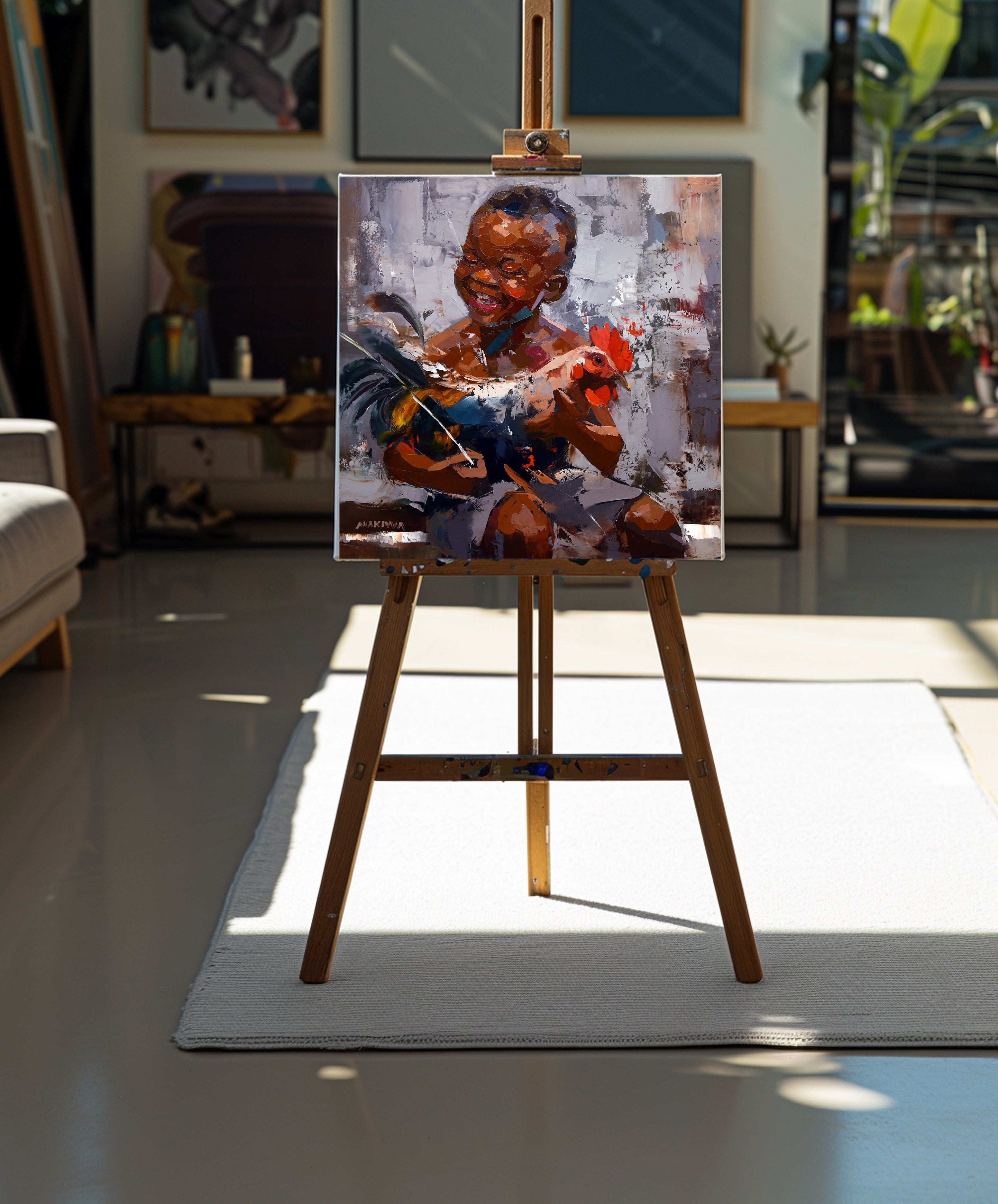 The Boy with a Rooster 55x55cm Oil on Canvas