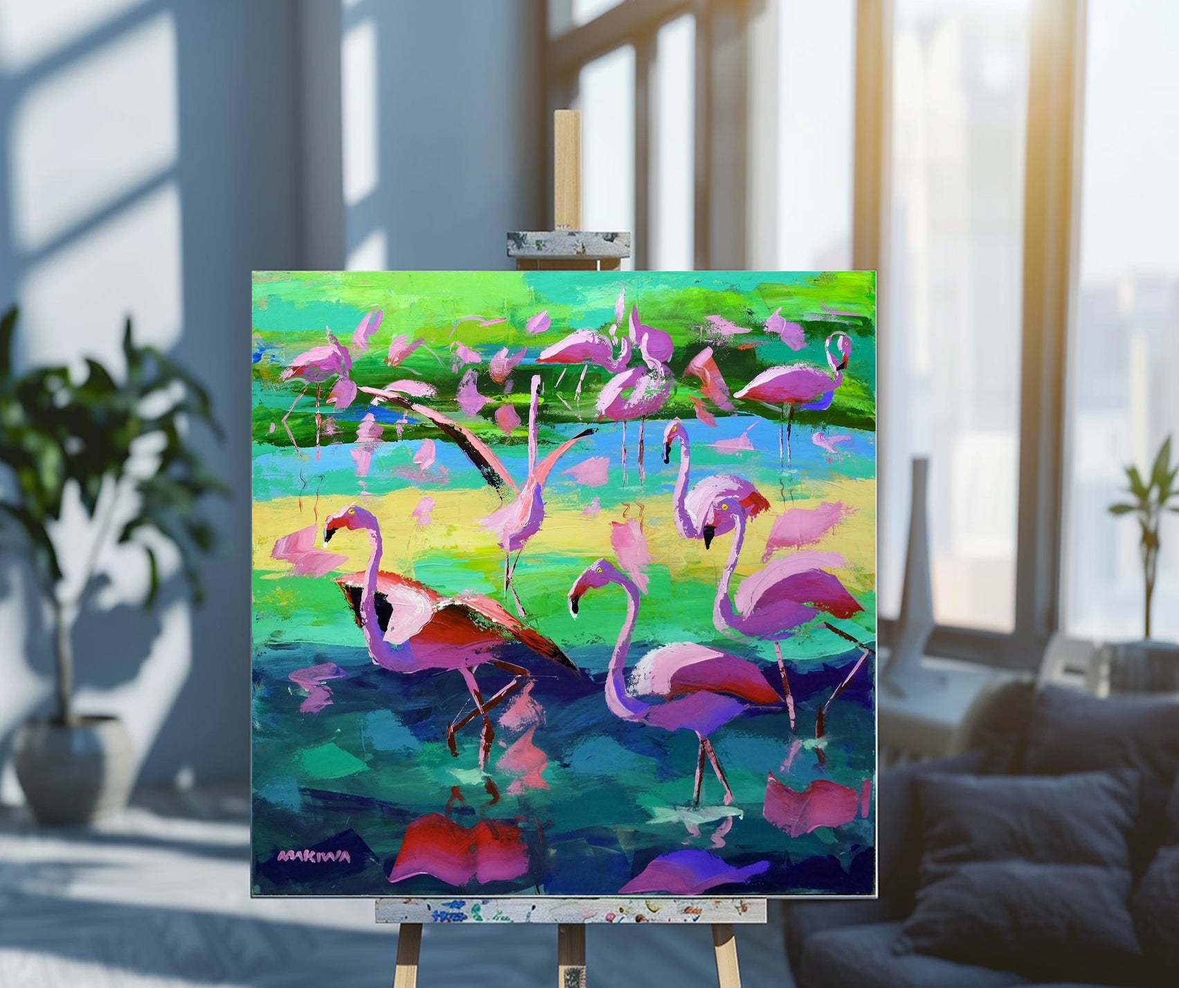 Flamingo Joy 100x100cm Acrylic on Canvas