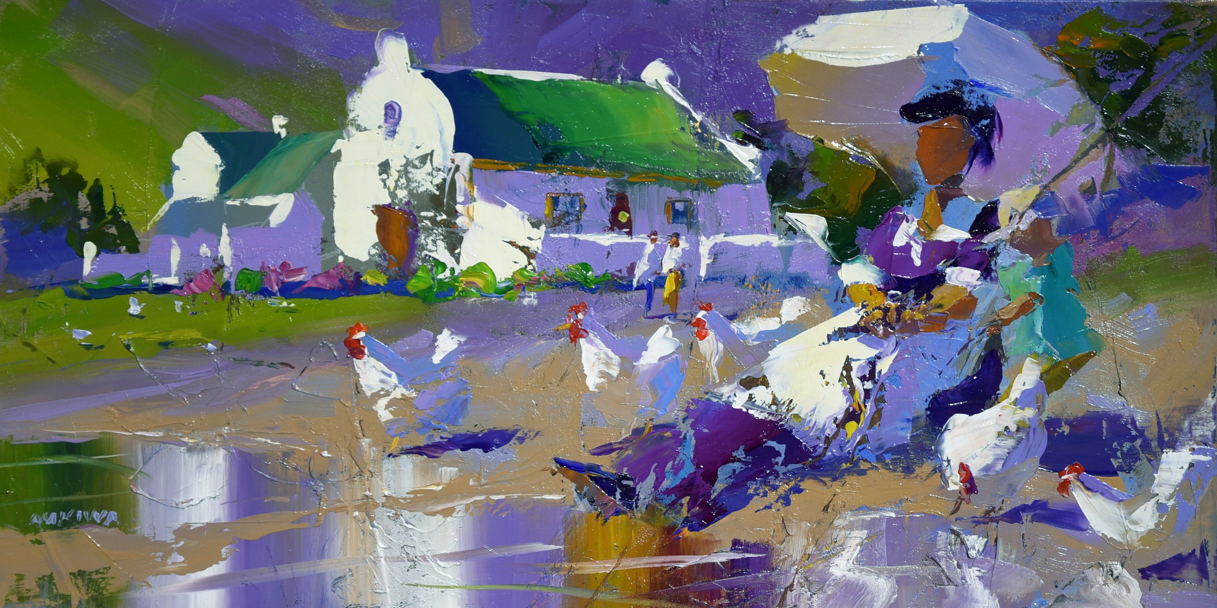 Feeding Time at the Farm 30x60cm Oil On Canvas