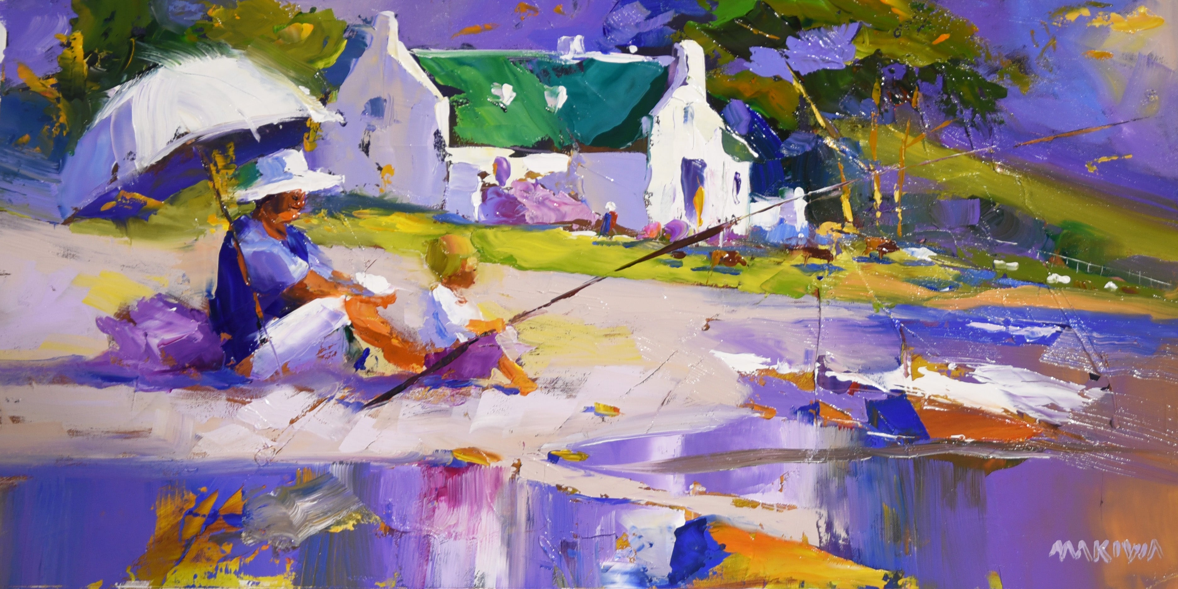 Fishing by the Cottages 30x60cm Oil On Canvas