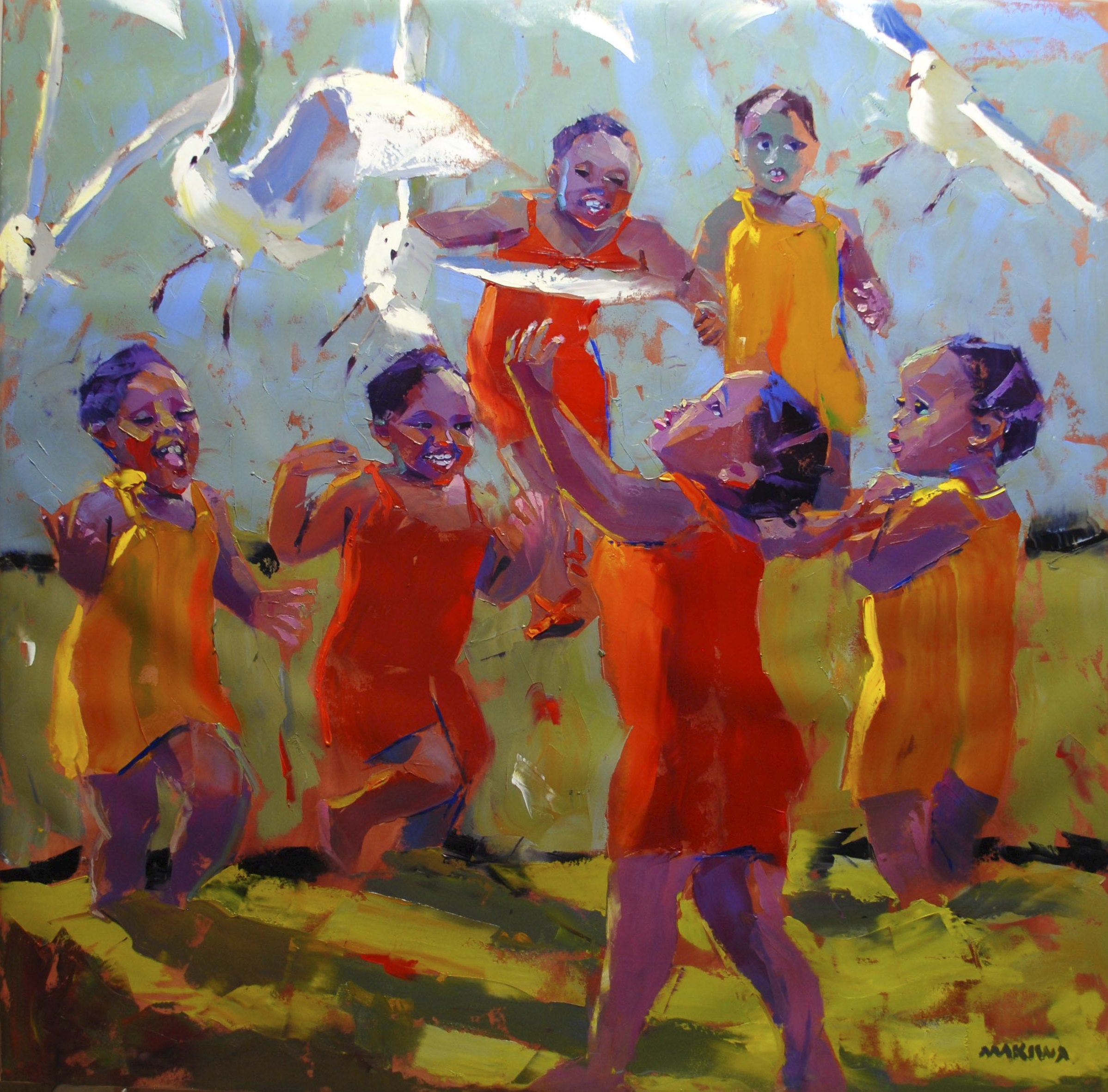 Girls and Seagulls 140x140cm Oil on Canvas