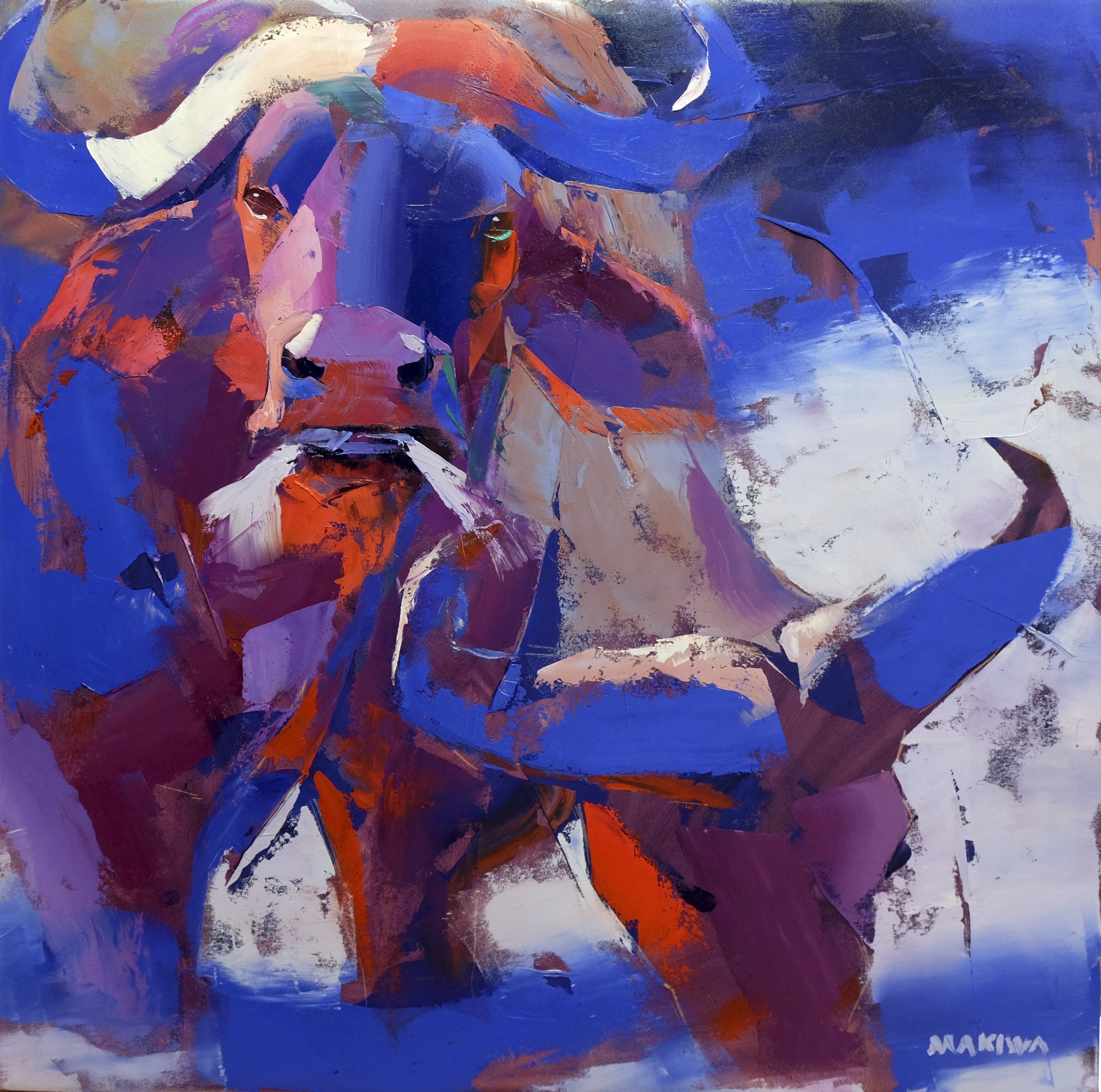 Grazing Buffaloes 79x79cm Oil on Canvas