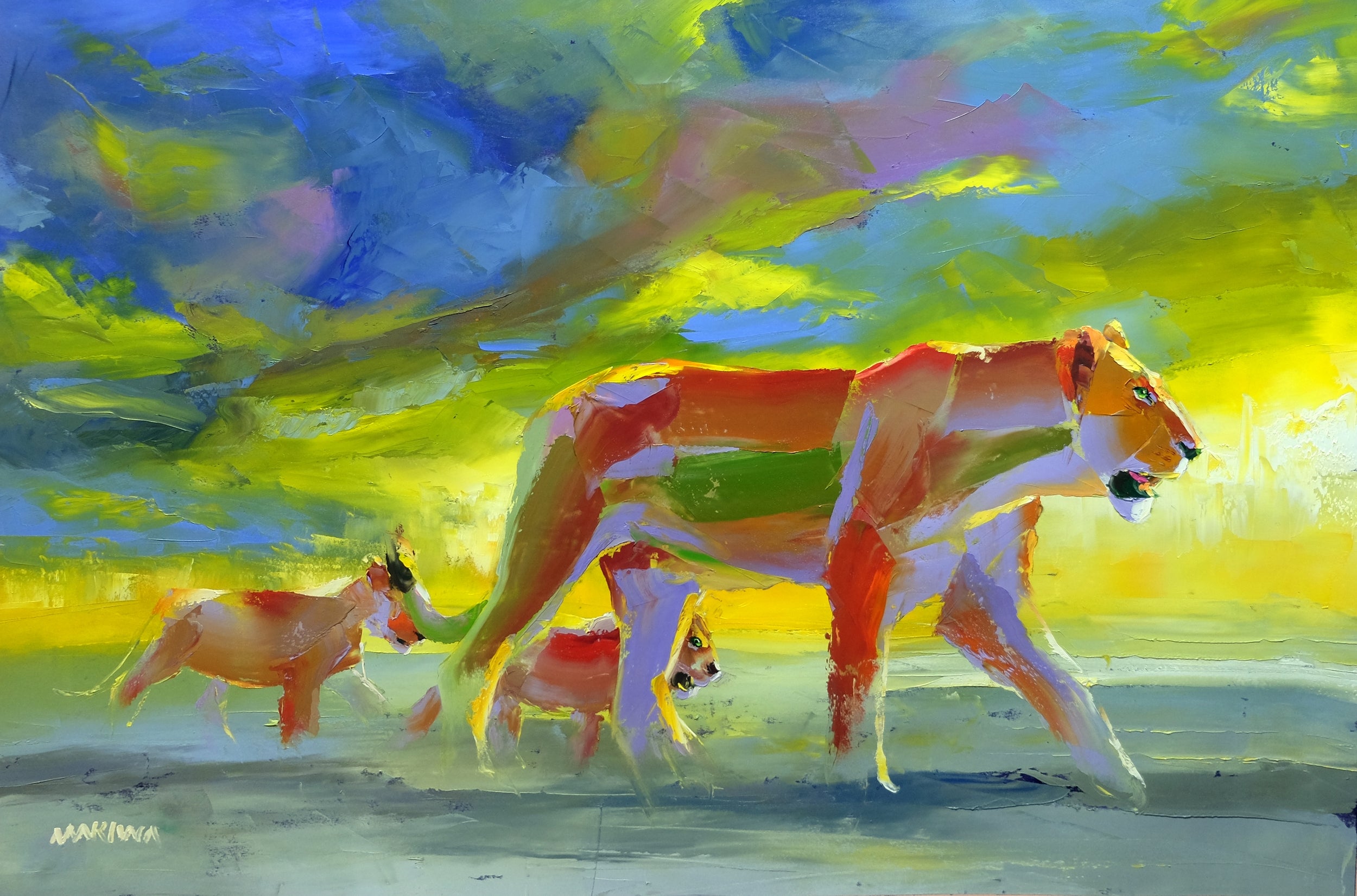 Lioness and Cubs 80x120cm Oil on Canvas