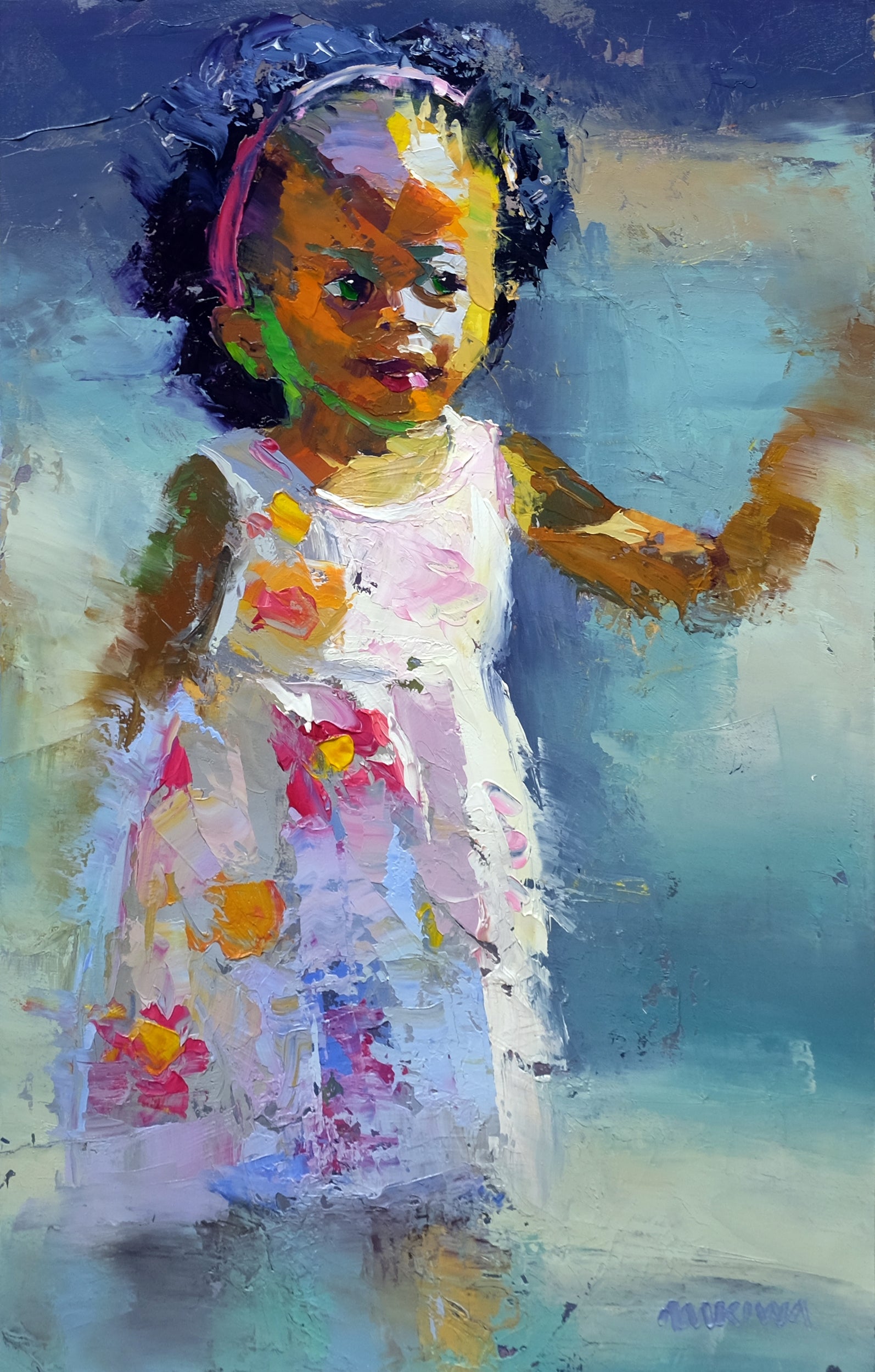 Little Girl in Floral Dress 55x35cm Oil On Canvas