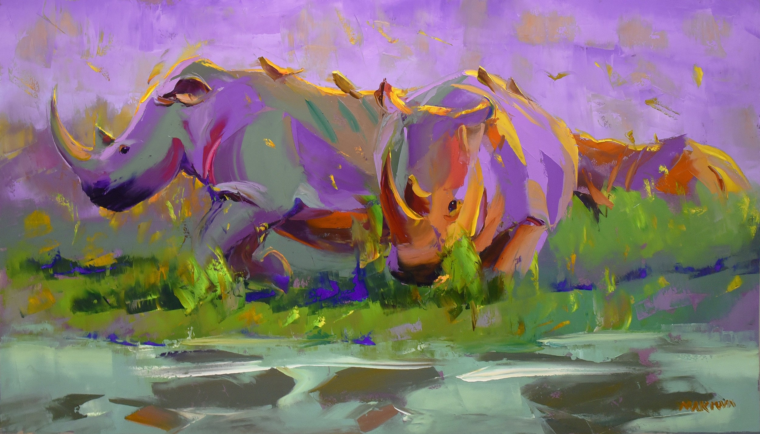 Rhino at Sunrise 80x140cm Oil on Canvas