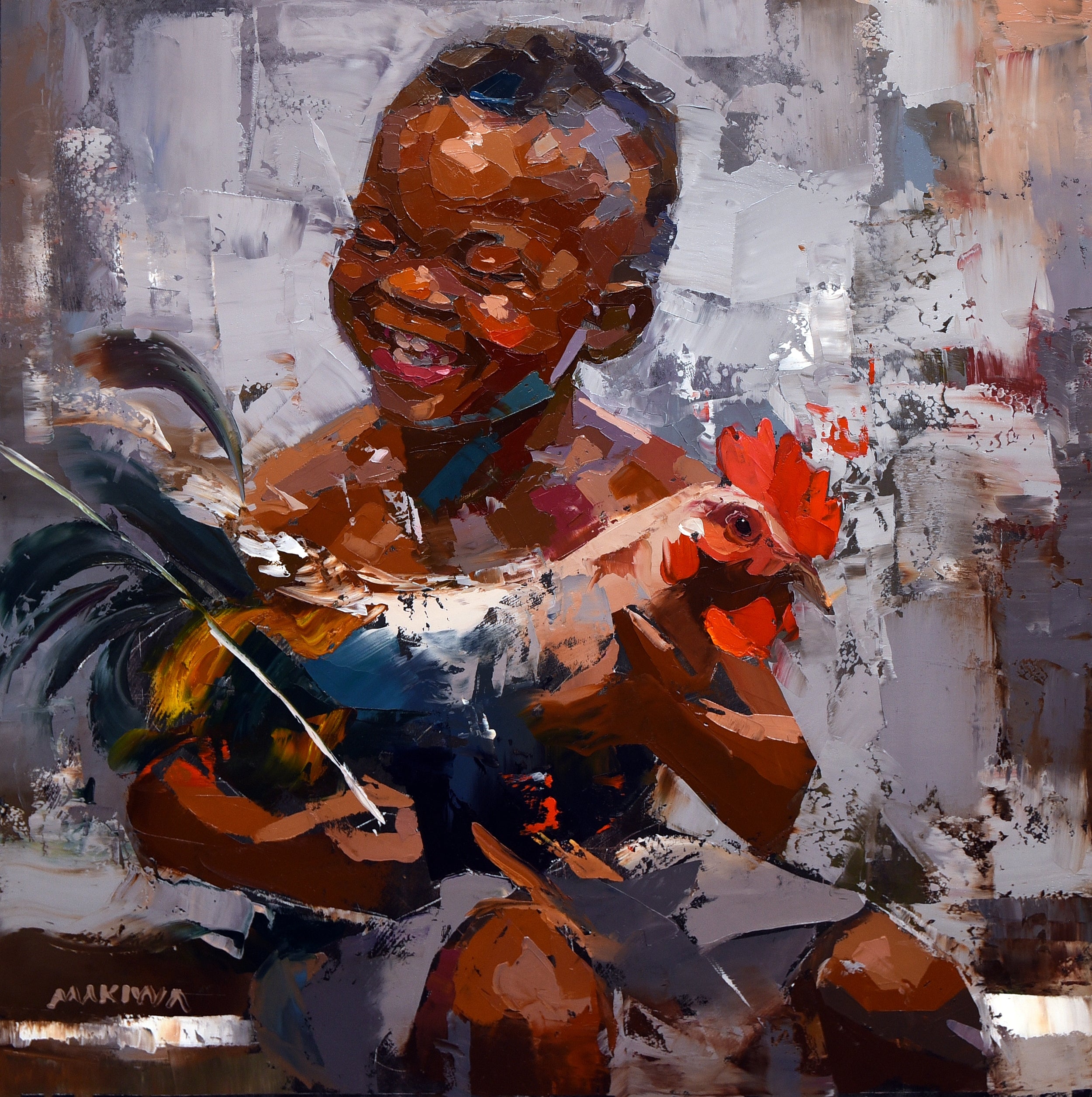The Boy with a Rooster 55x55cm Oil on Canvas