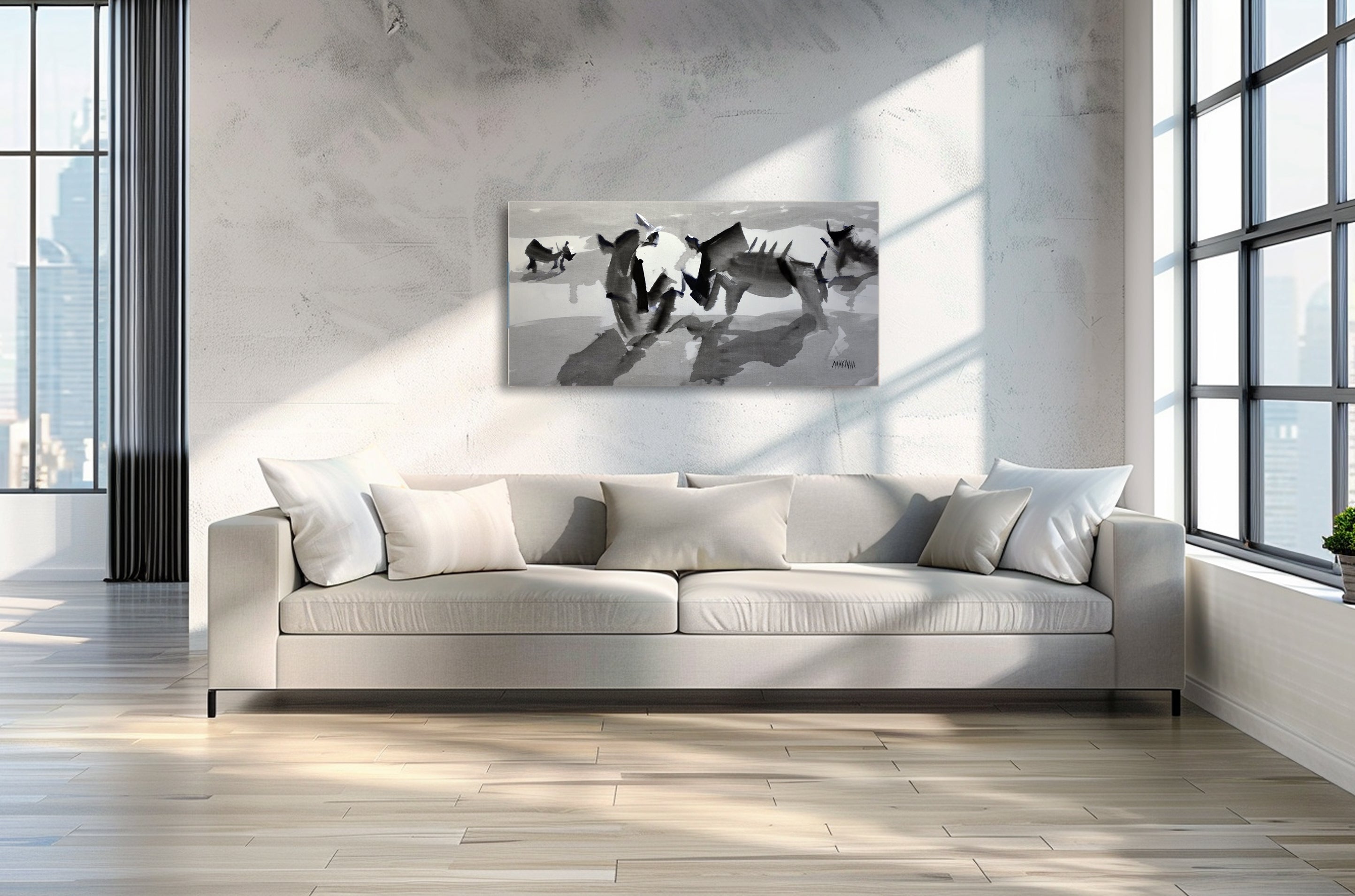 Rhinos by the River 50x100cm Acrylic on Canvas