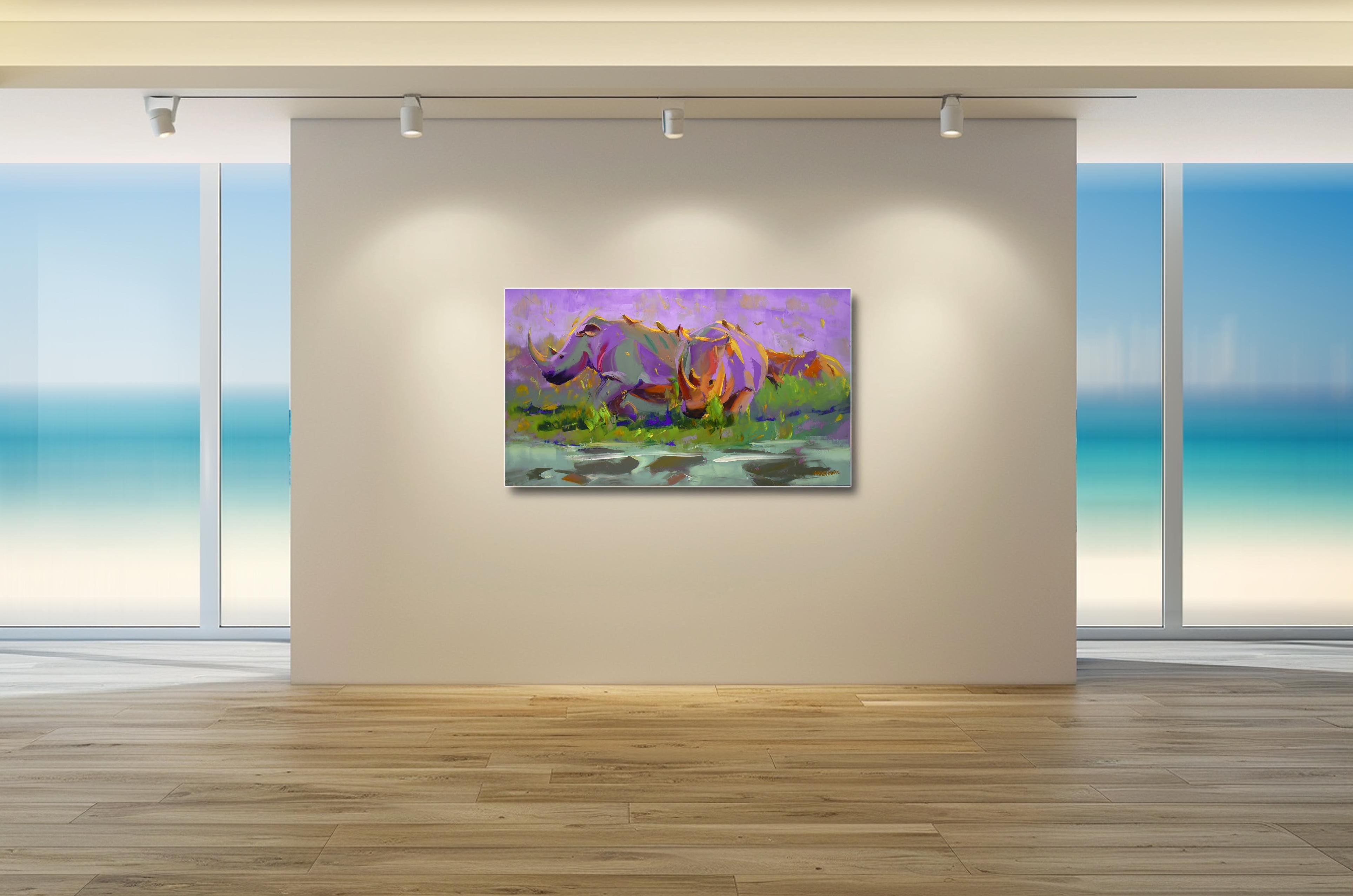 Rhino at Sunrise 80x140cm Oil on Canvas