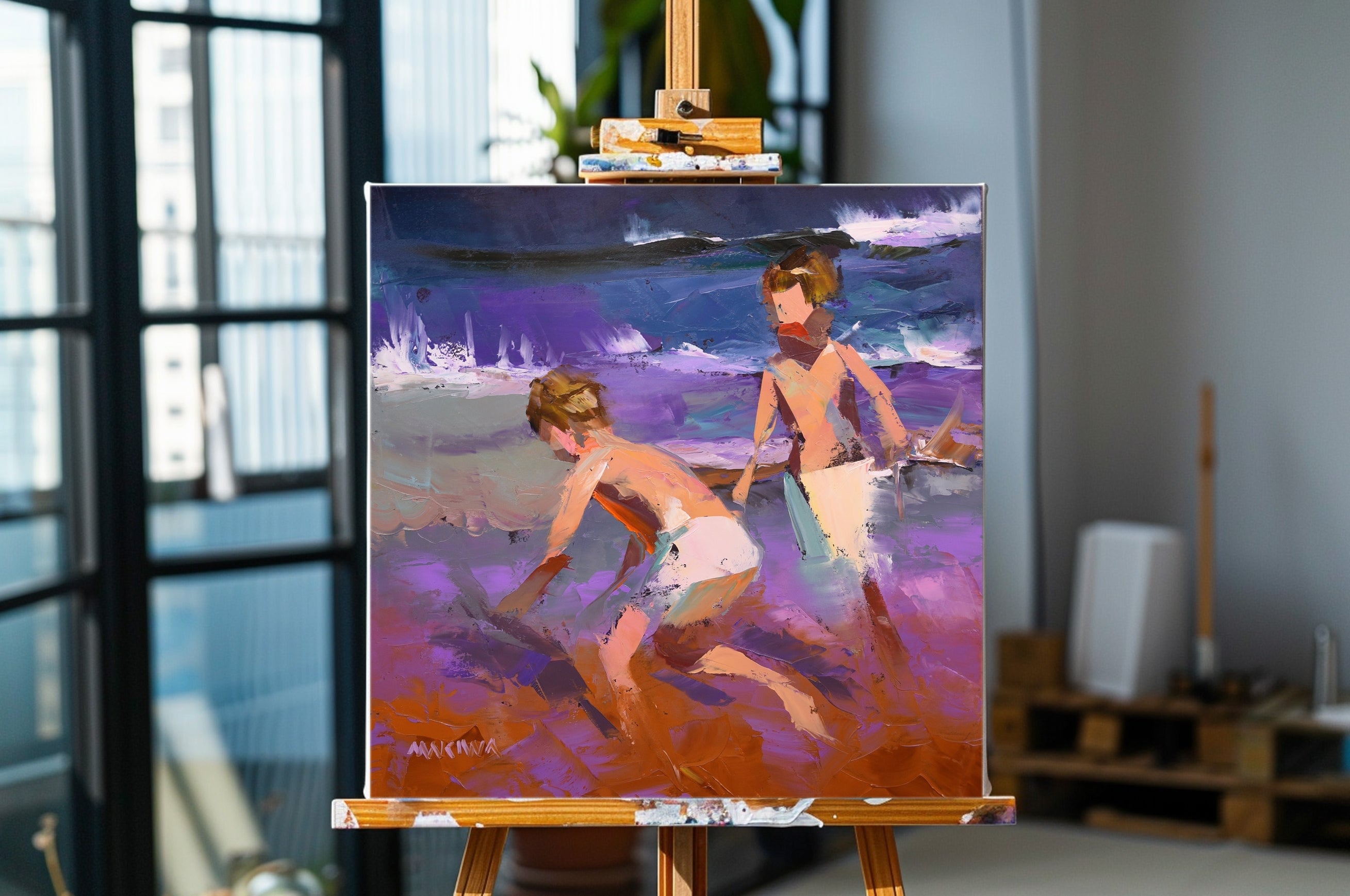 Playing by the Seaside 55x55cm Oil on Canvas