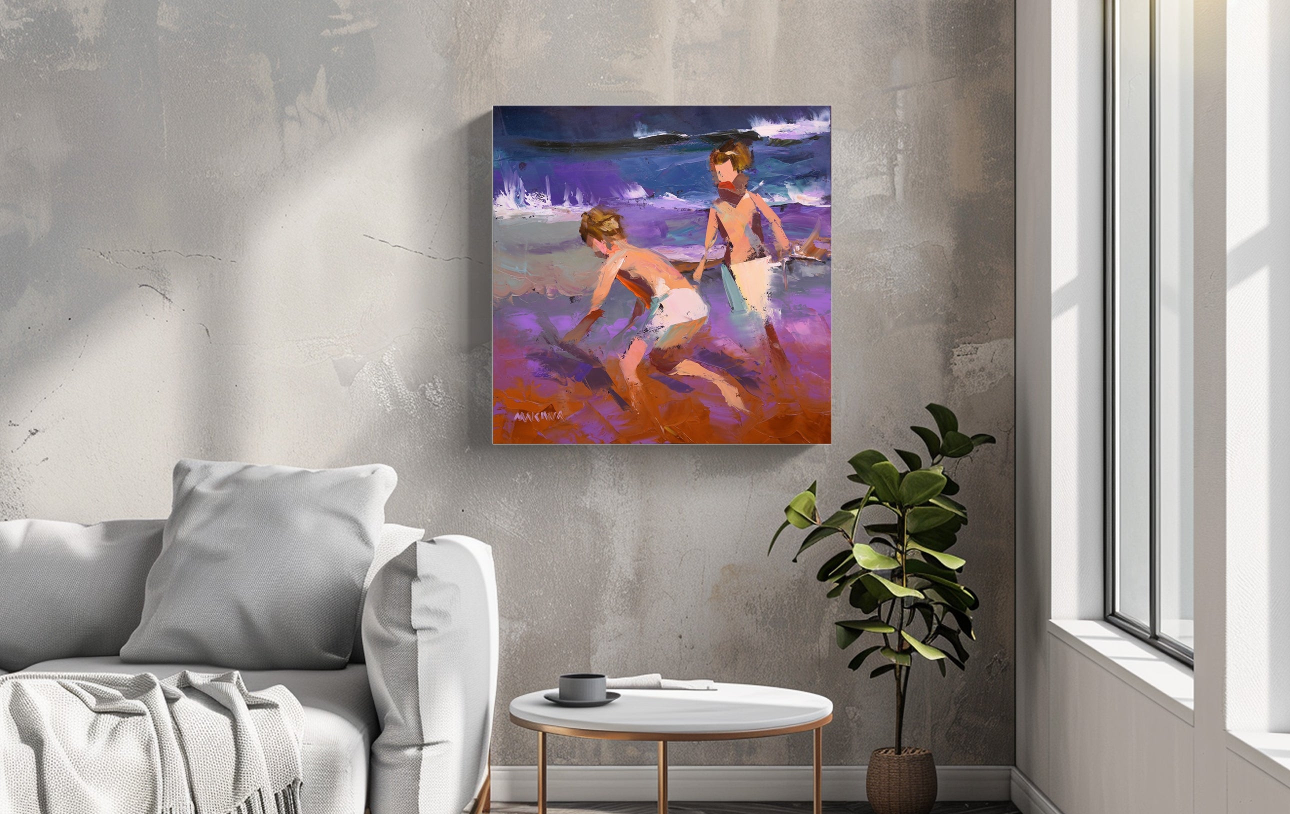 Playing by the Seaside 55x55cm Oil on Canvas