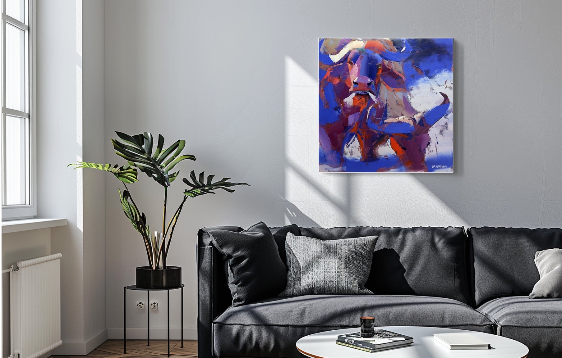 Grazing Buffaloes 79x79cm Oil on Canvas