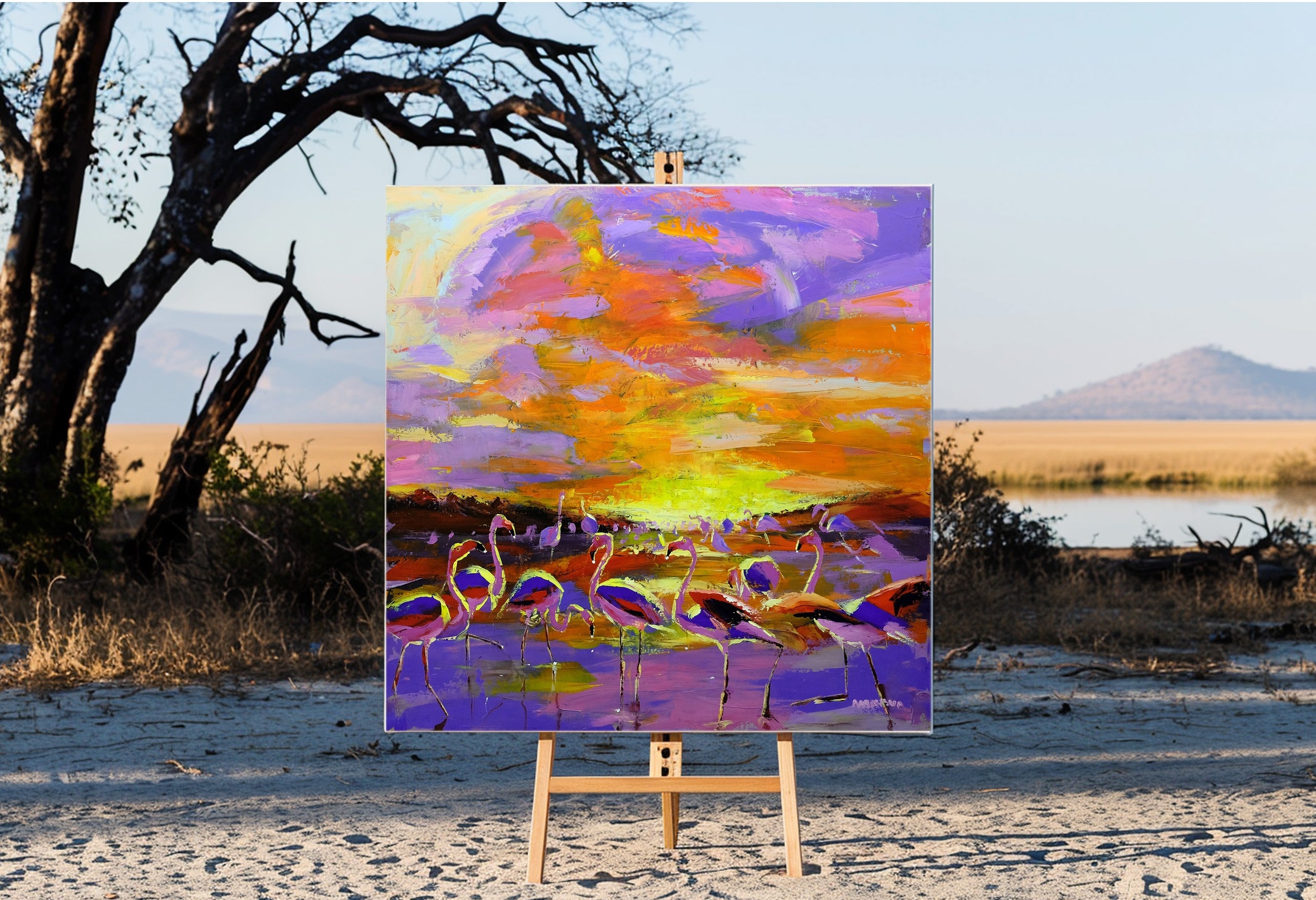 The Flamingoes at Sunset 120x120cm Acrylic on Canvas