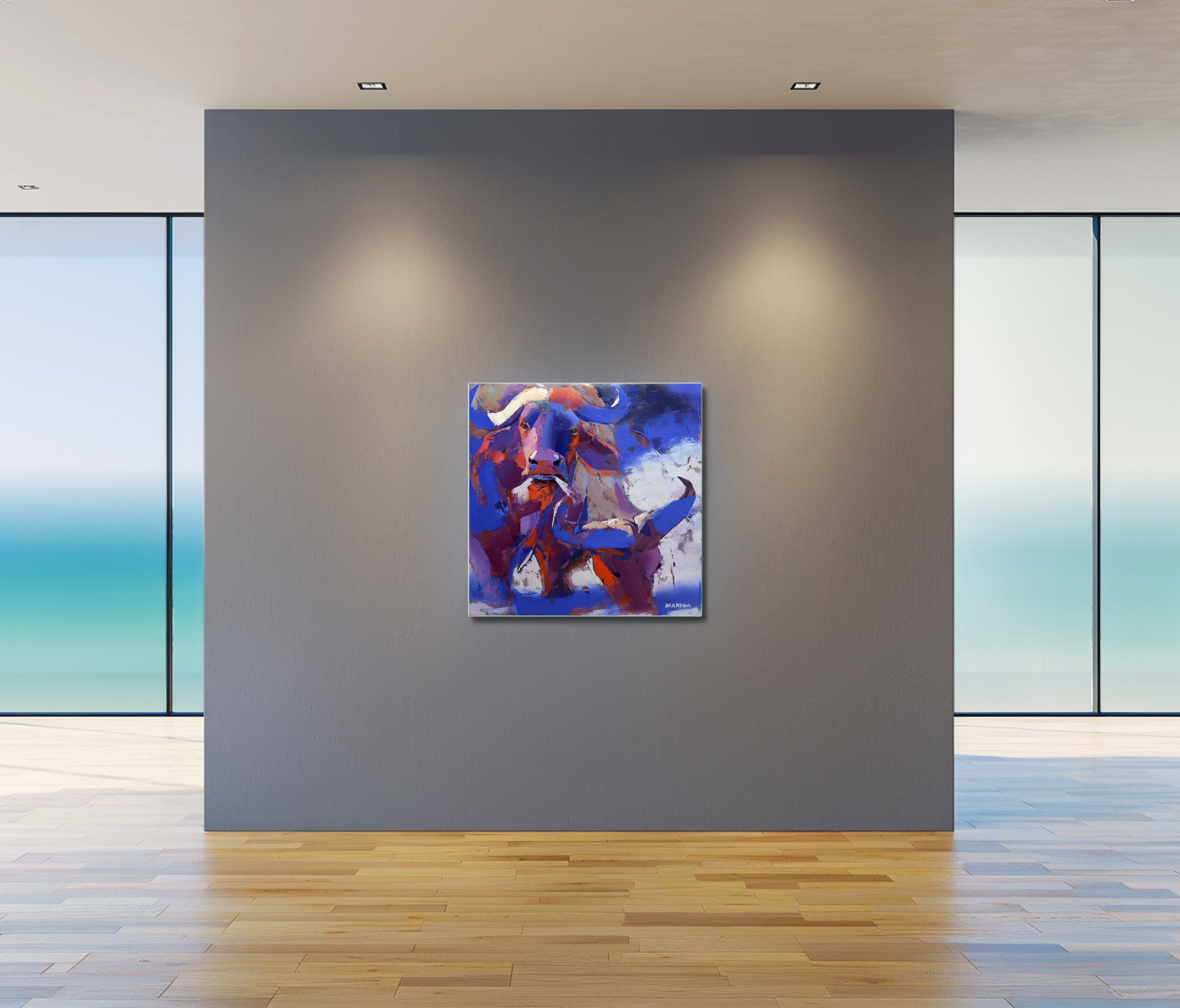 Grazing Buffaloes 79x79cm Oil on Canvas