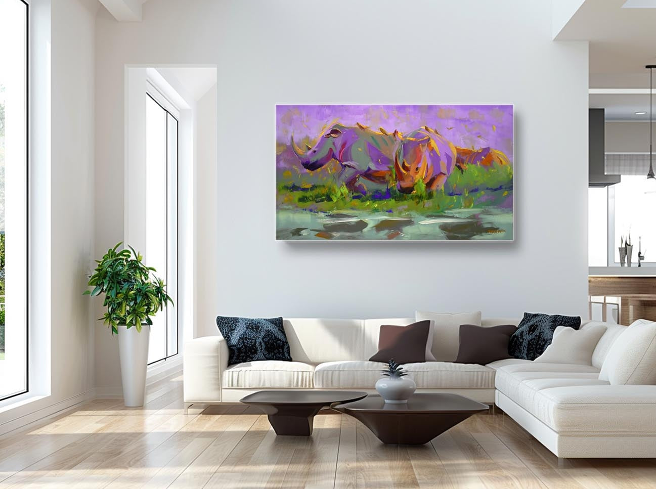 Rhino at Sunrise 80x140cm Oil on Canvas