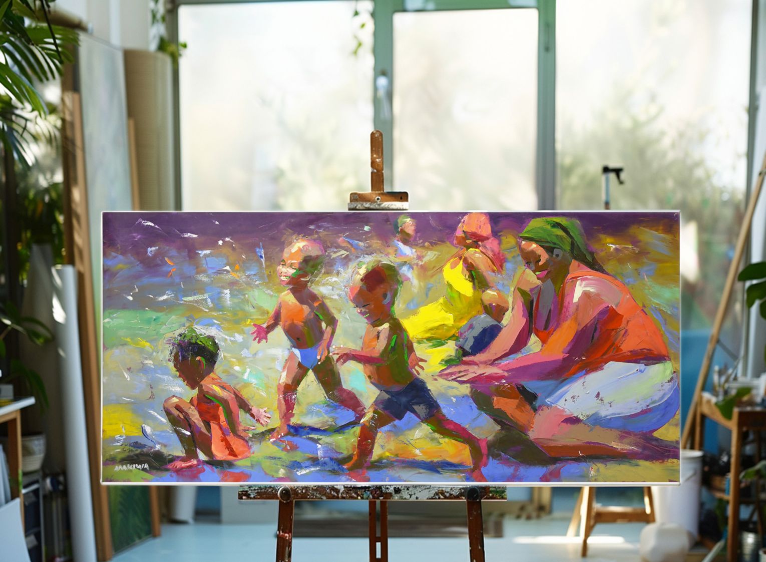 Fun day at the Beach 80x170cm Oil On Canvas