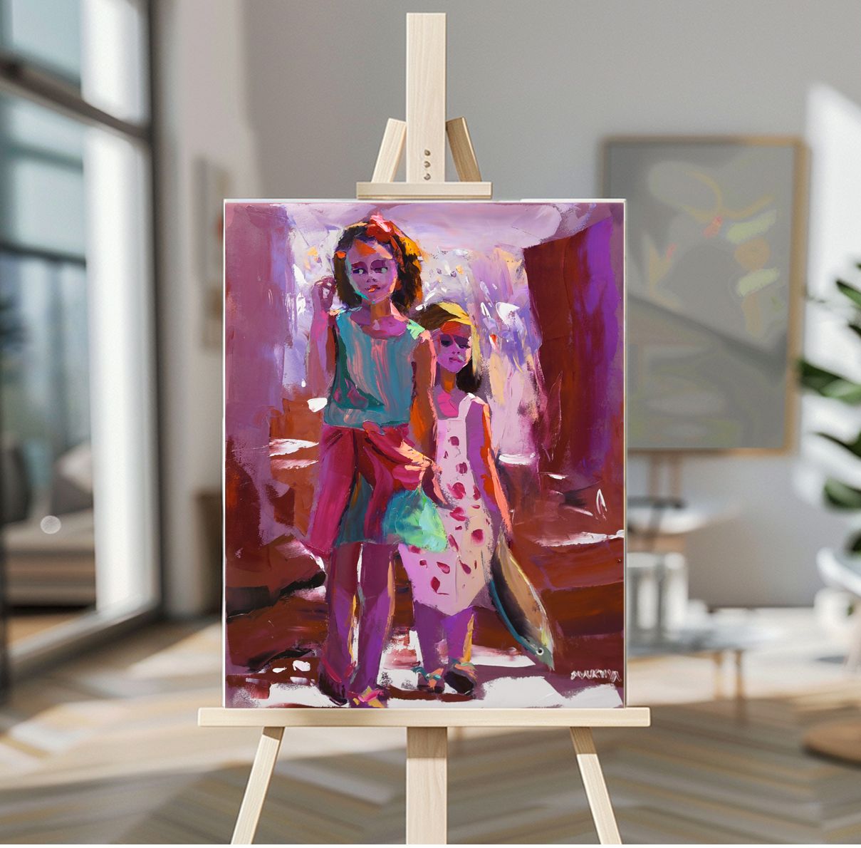 Siblings with a Fish 71x56cm Oil On Canvas