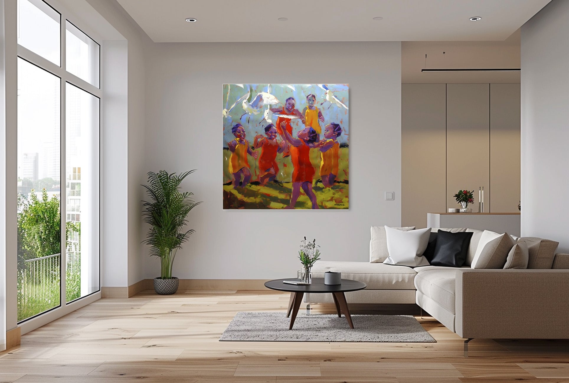 Girls and Seagulls 140x140cm Oil on Canvas