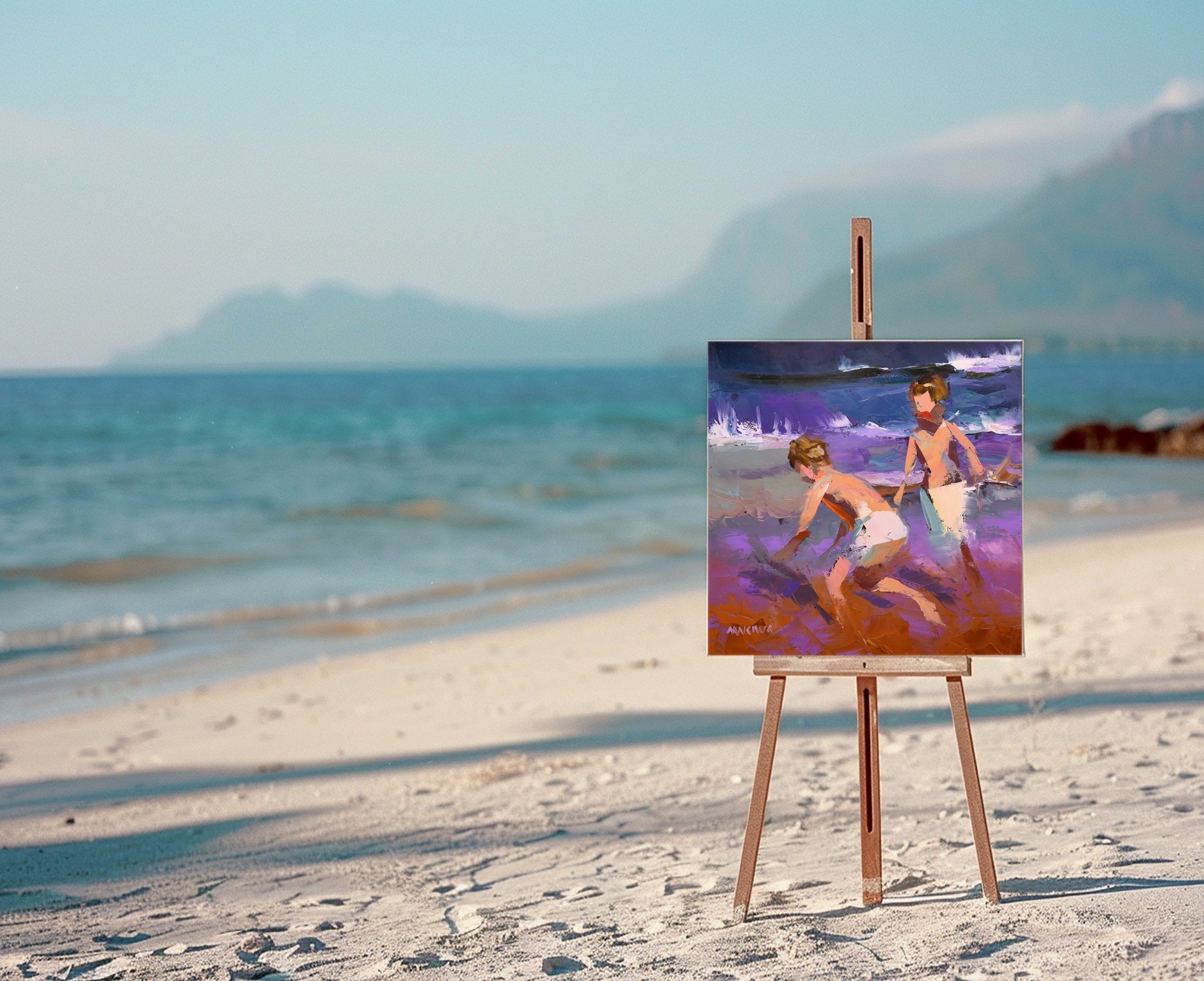 Playing by the Seaside 55x55cm Oil on Canvas