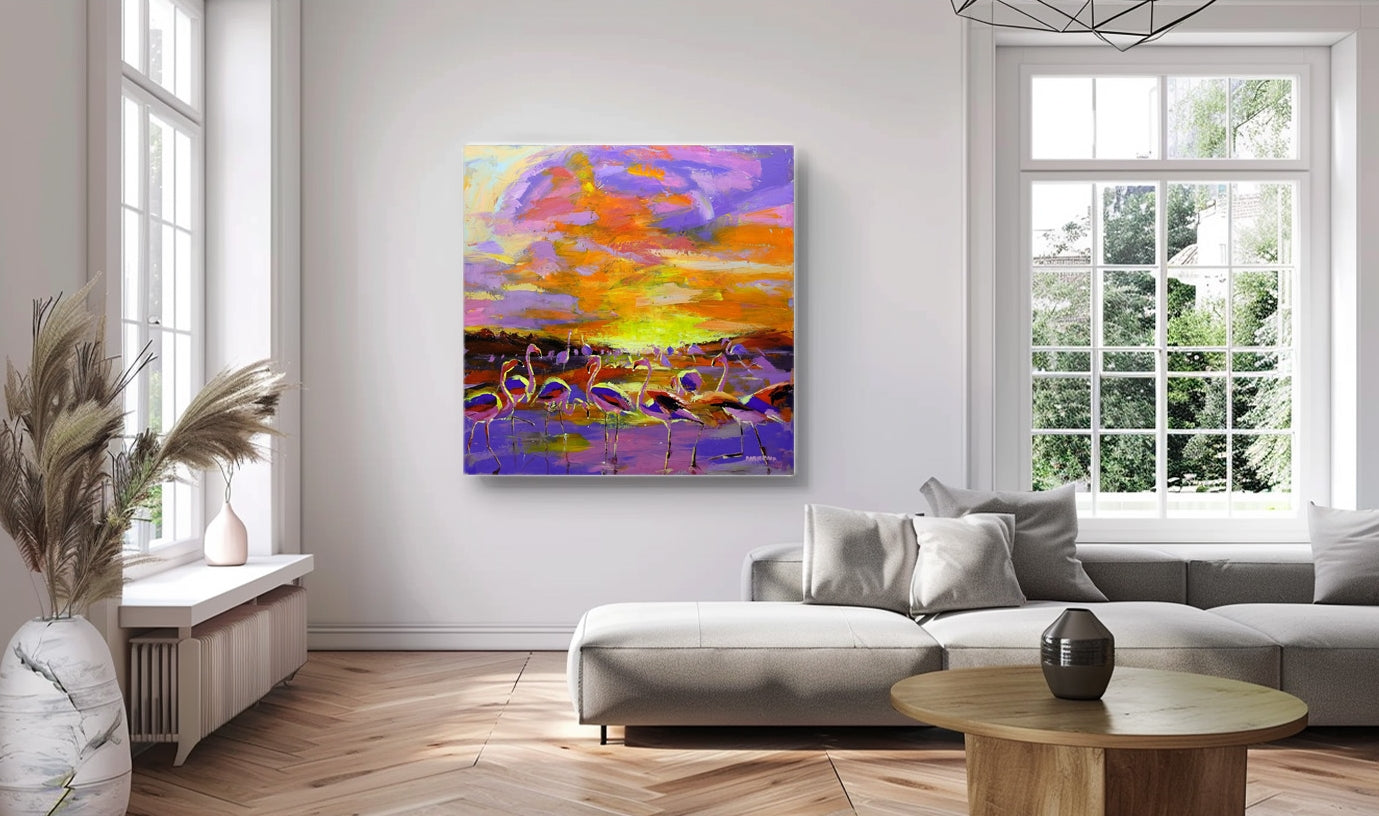 The Flamingoes at Sunset 120x120cm Acrylic on Canvas