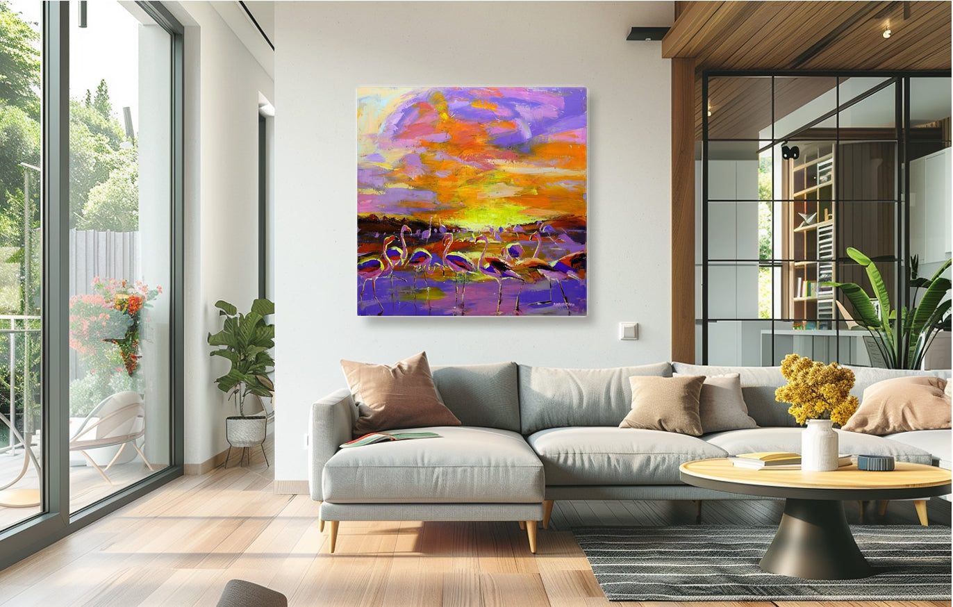 The Flamingoes at Sunset 120x120cm Acrylic on Canvas