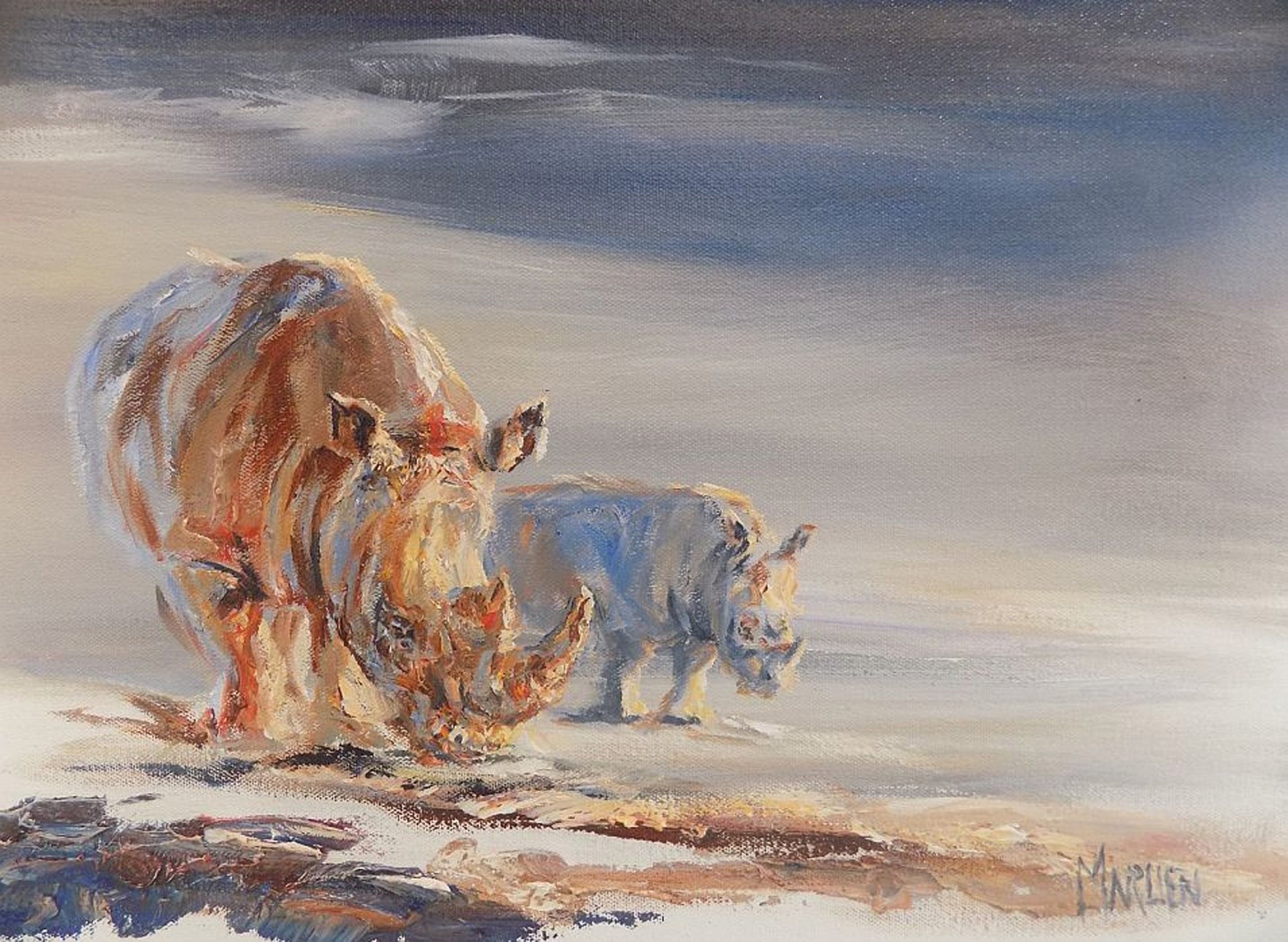 Two Rhinos 30x40cm Oil on Canvas