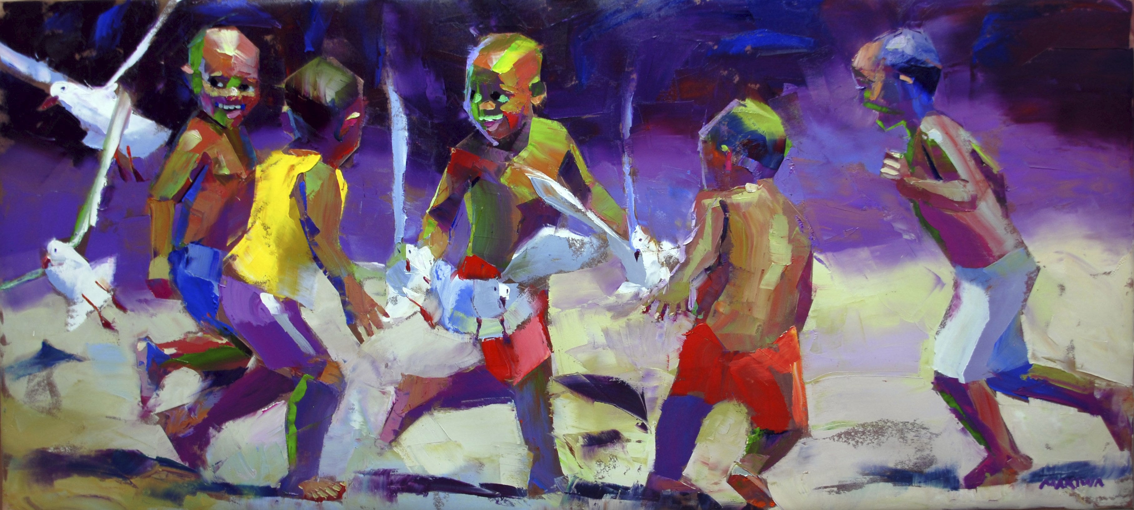 Boys and Seagulls 80x170cm Oil On Canvas