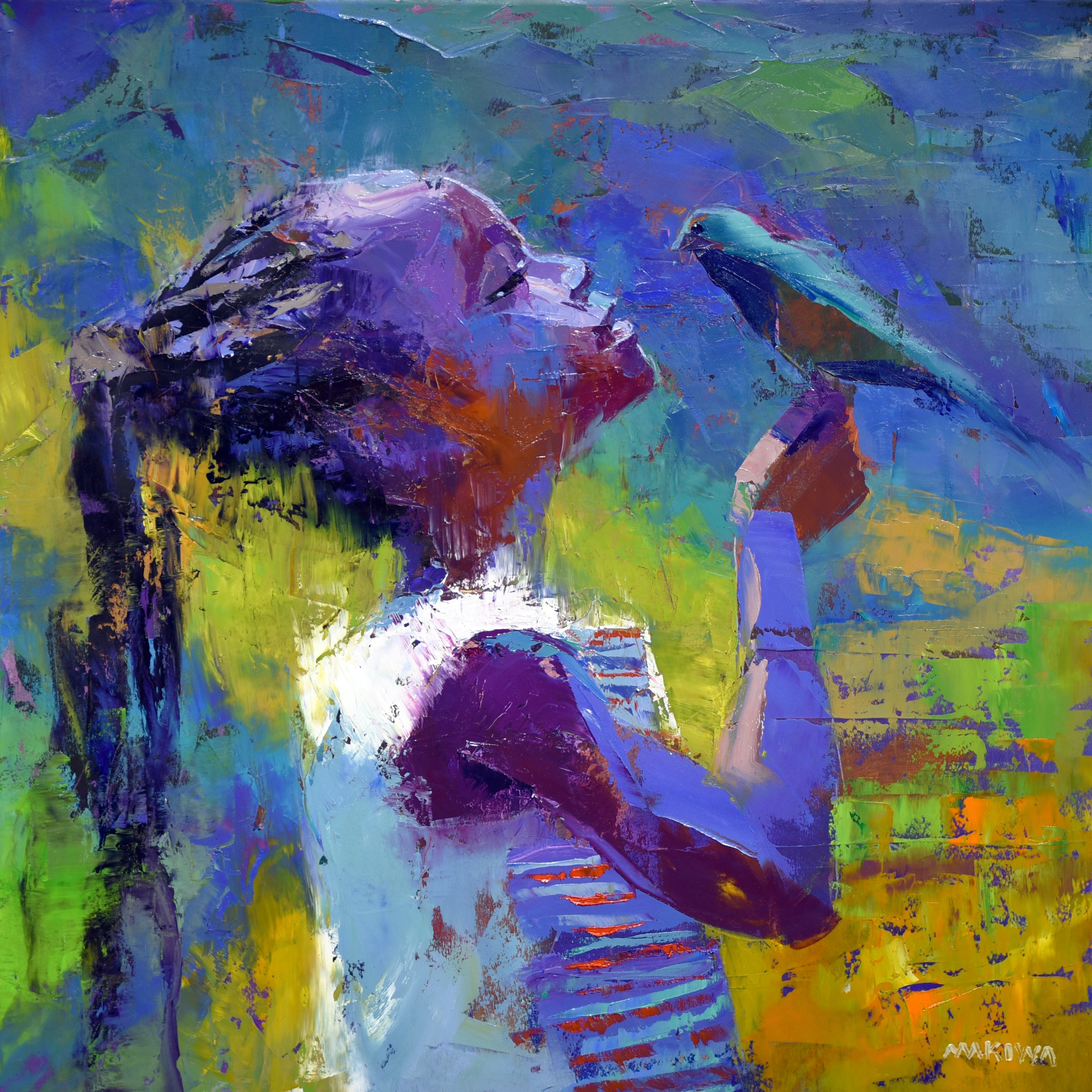Conversation with a Small Bird 65x65cm Oil On Canvas