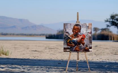 The Boy with a Rooster 55x55cm Oil on Canvas