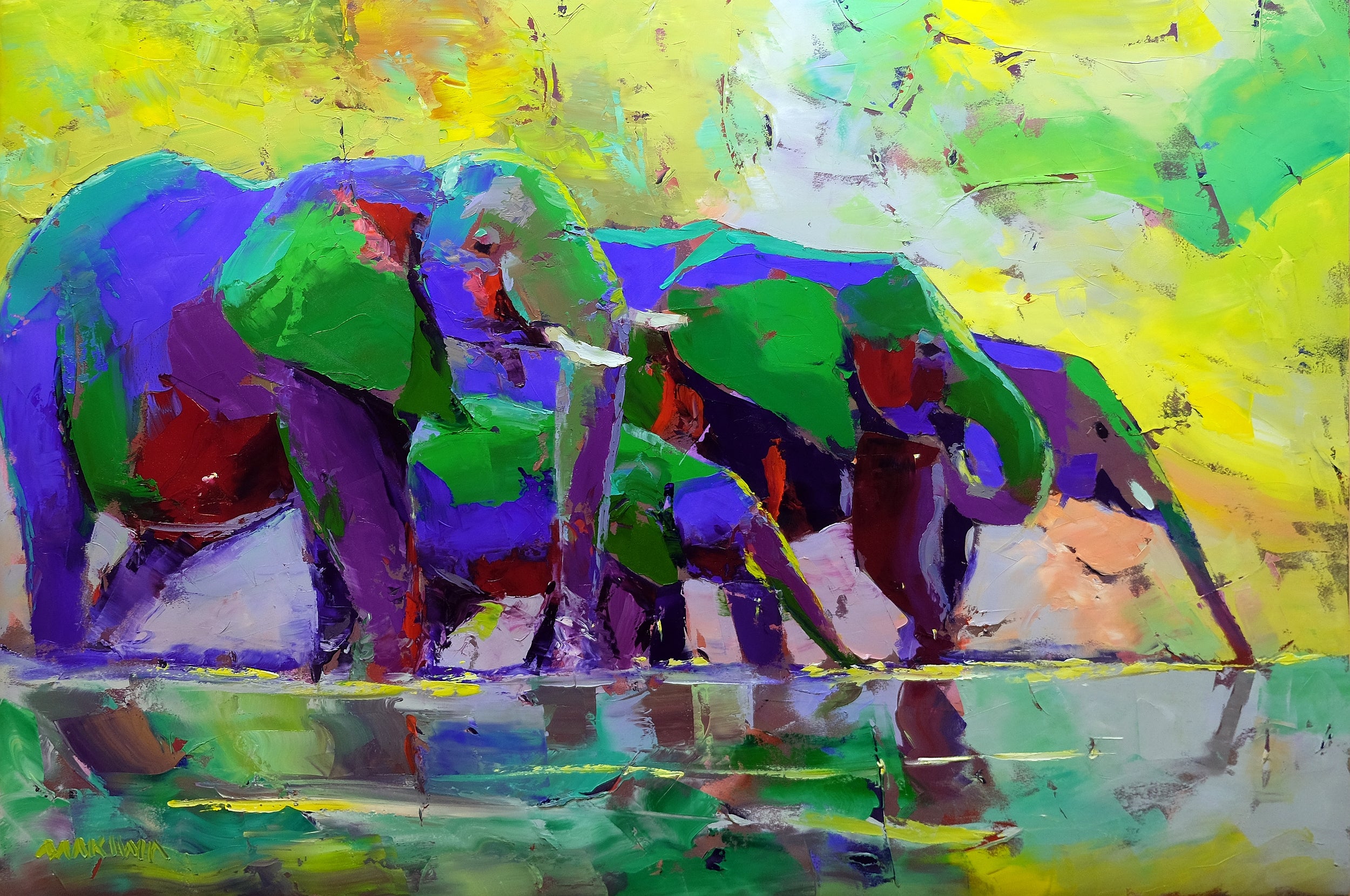 Drinking Elephants 80x120cm  Oil on Canvas