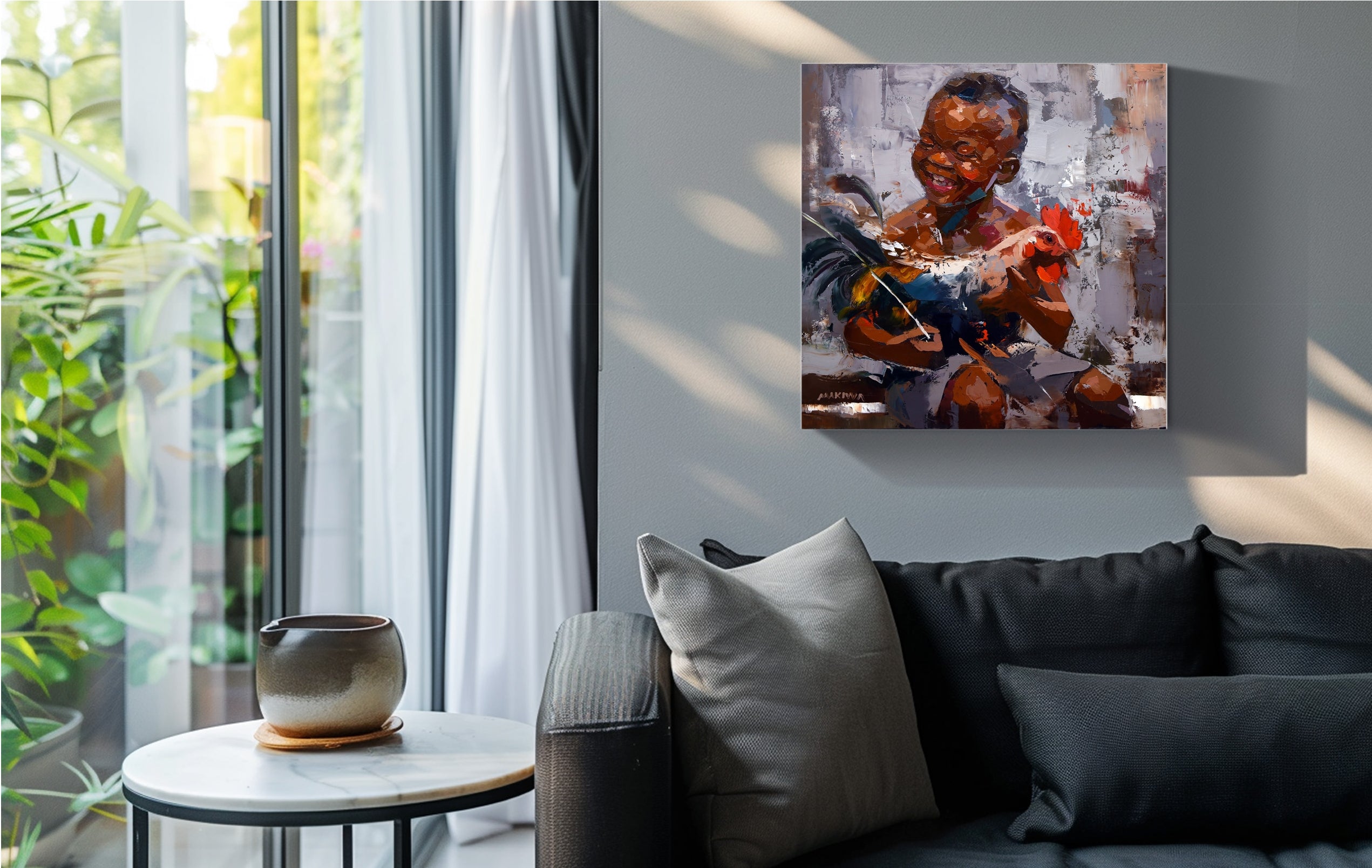 The Boy with a Rooster 55x55cm Oil on Canvas