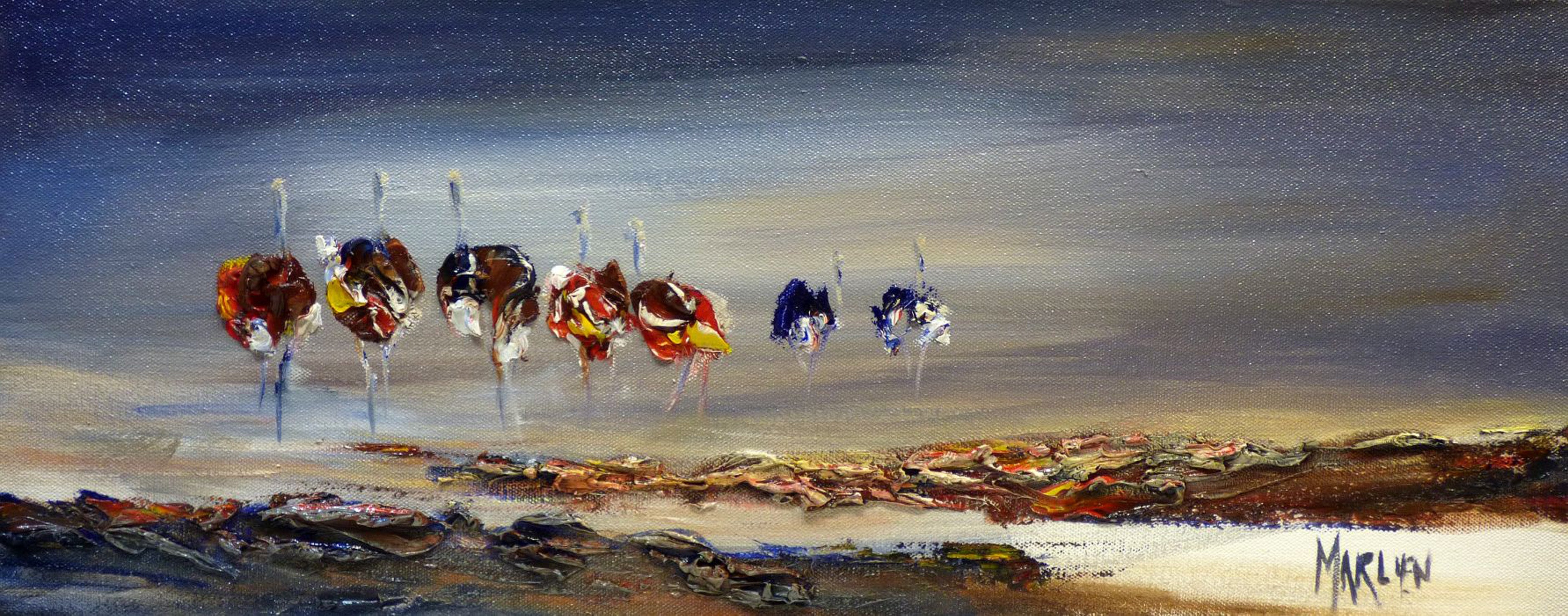 Feathered Ostrich Friends 20x50cm Oil on Canvas