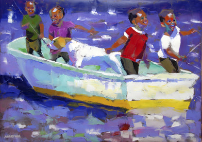 Fishing with the Dog 100x140cm Oil on Canvas