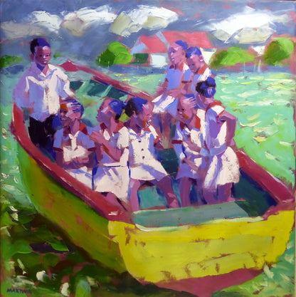 Fun on the Yellow Boat 140x140cm Oil on Canvas