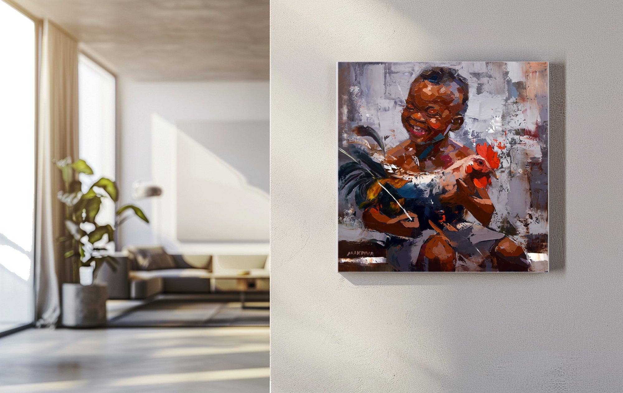 The Boy with a Rooster 55x55cm Oil on Canvas