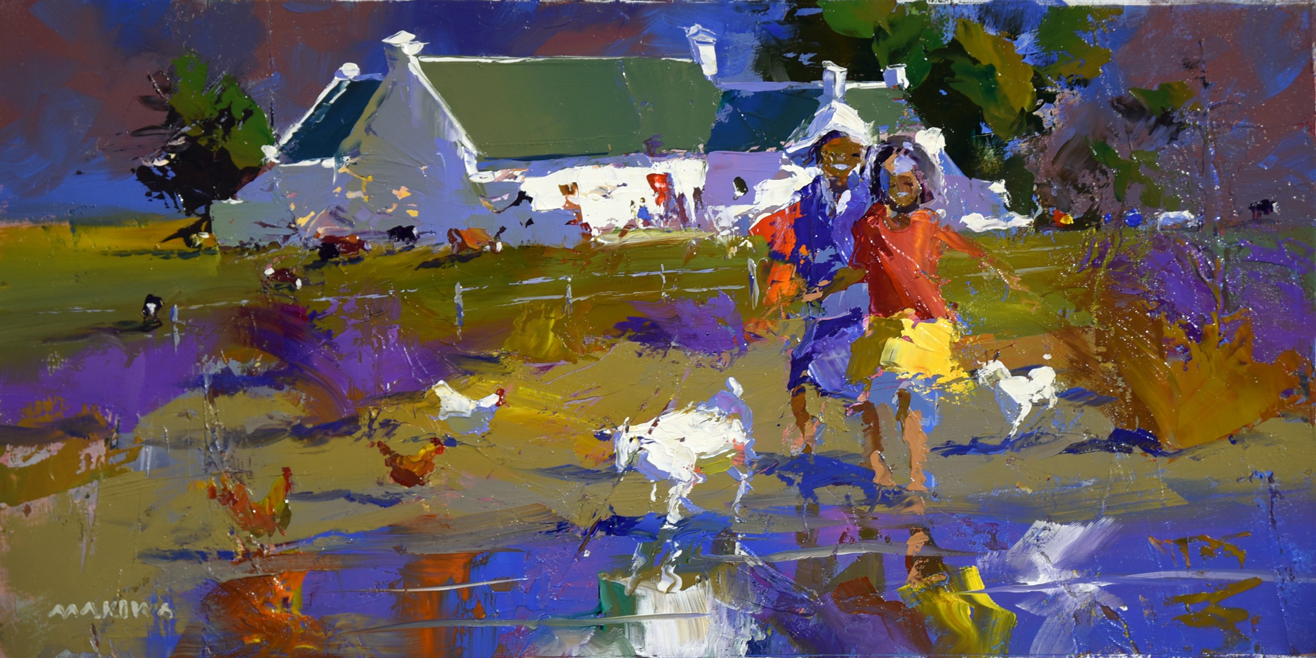 Goats and Chickens 30x60cm Oil On Canvas