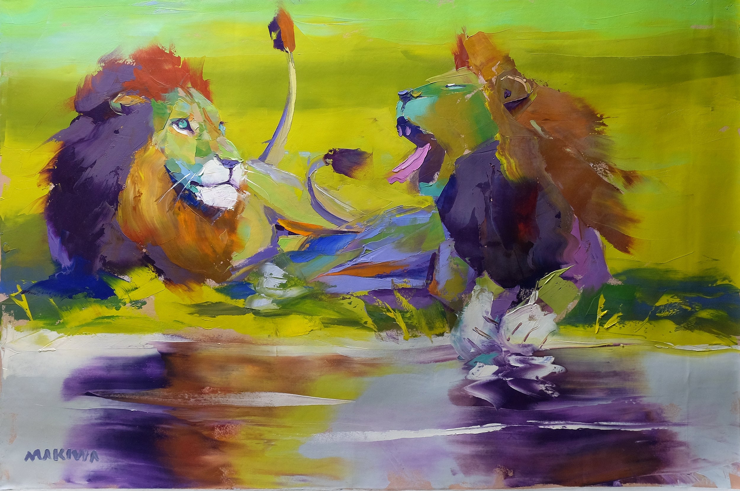 Lions by the lake 80x120cm Oil on Canvas