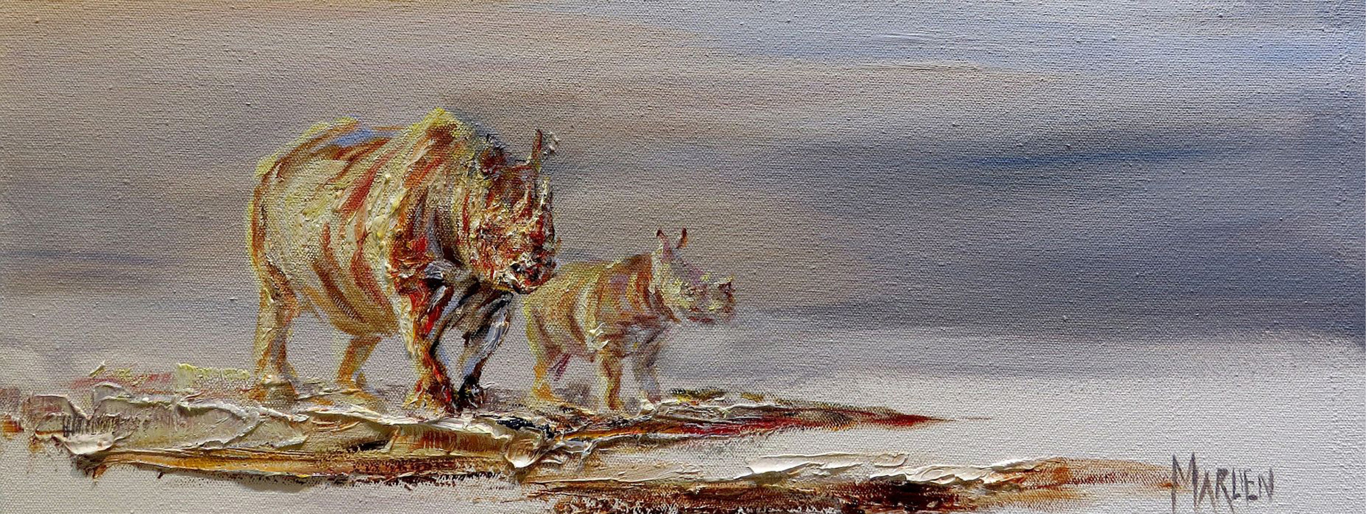 Mum Rhino and Me2 20x50cm Oil on Canvas