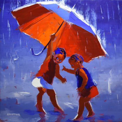 Playing in the Rain 100x100cm Oil on Canvas