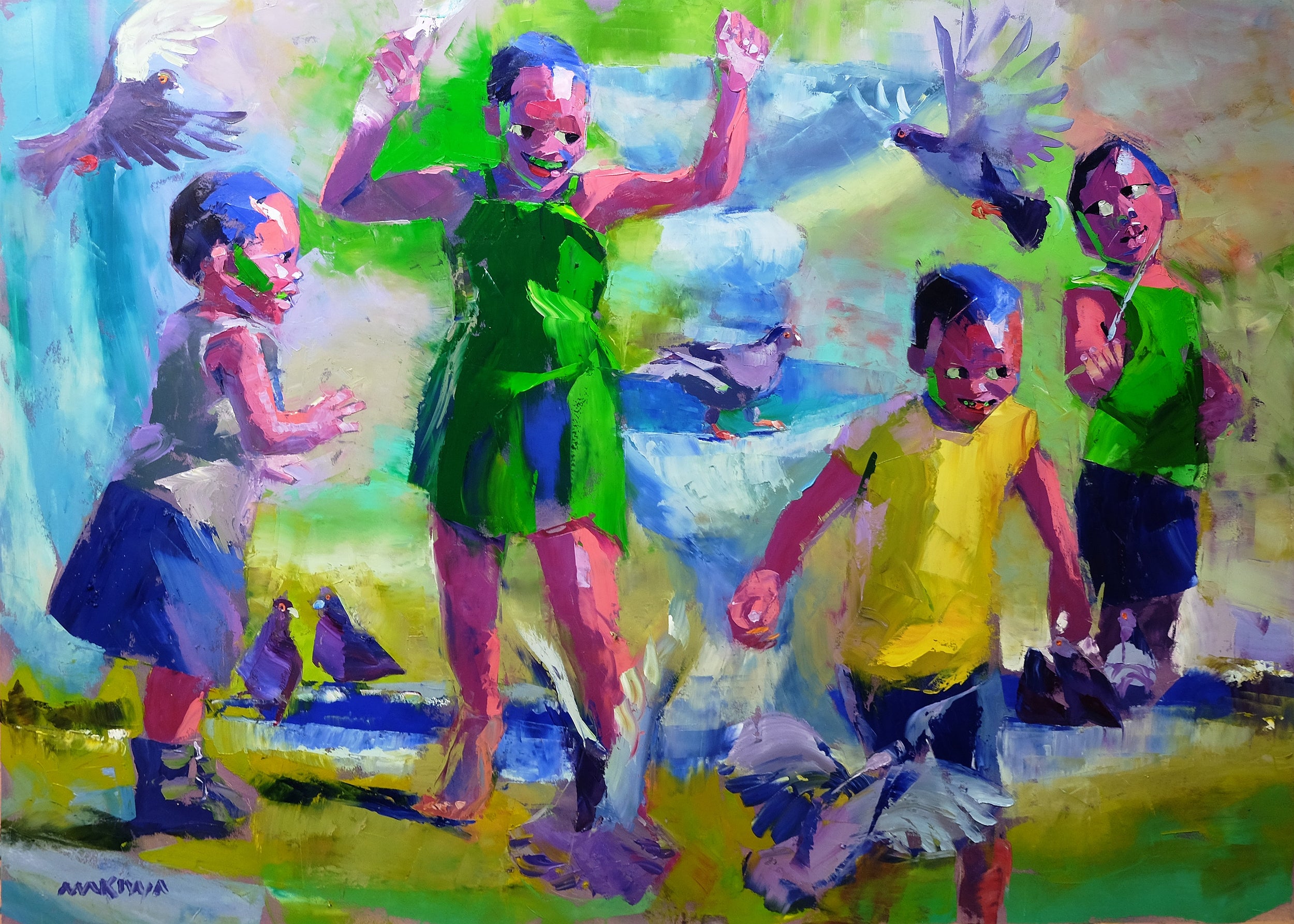 Playtime With the Pigeons 100x140cm Oil on Canvas