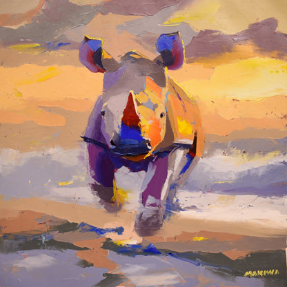 Rhino Dawn 55x55cm Oil on Canvas