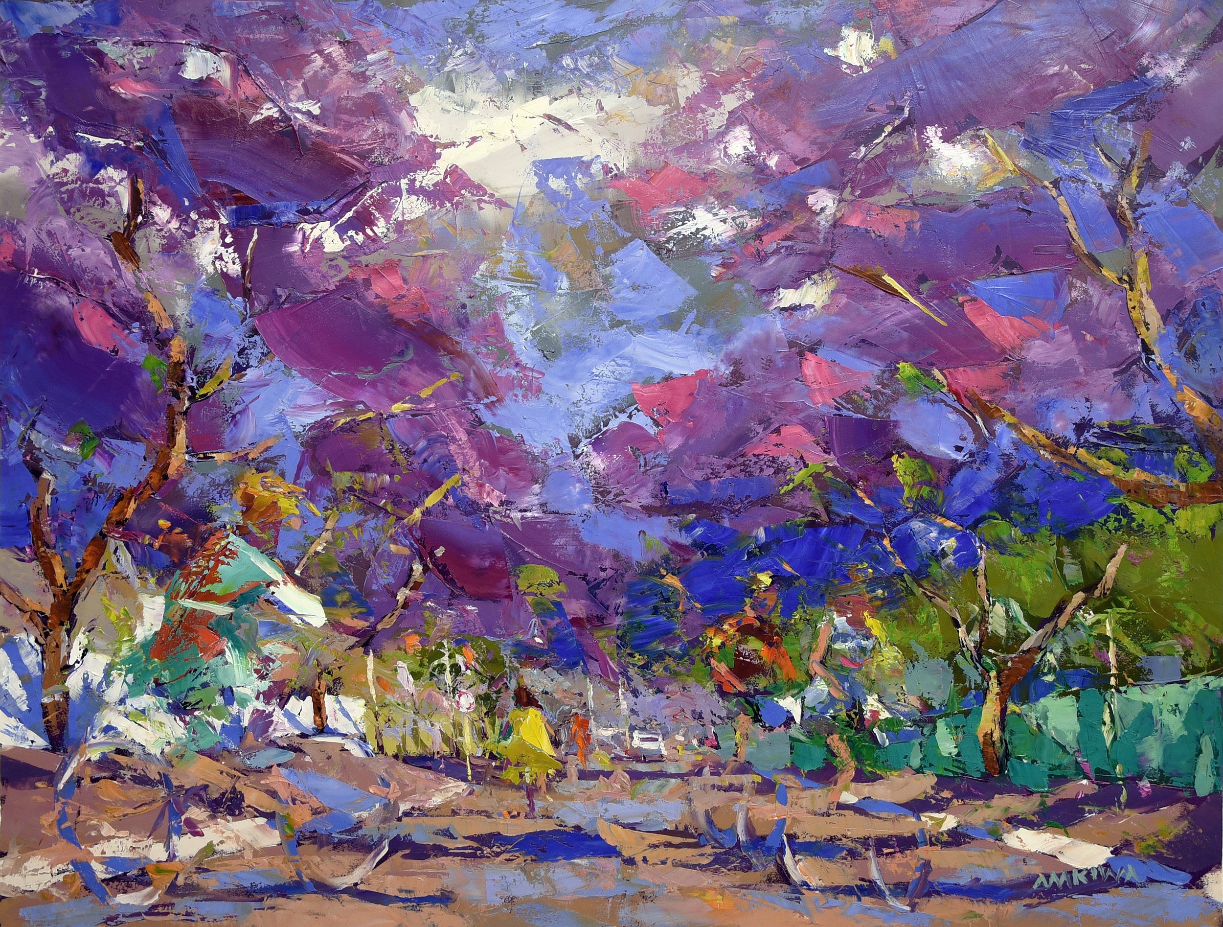 Riding on Jacaranda Street 80x105cm Oil on Canvas