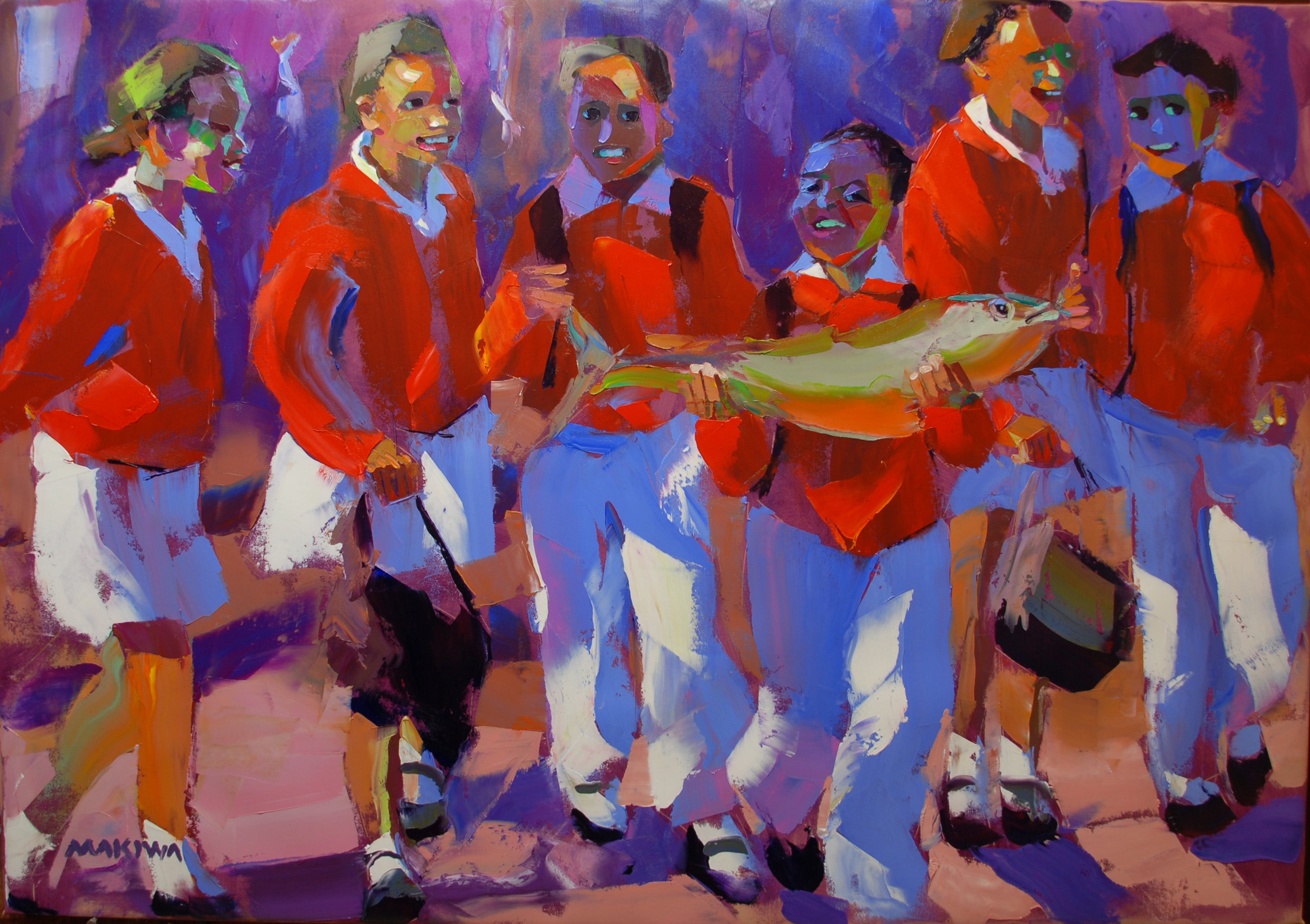 Schoogirls with a fish 140x100cm Oil on Canvas