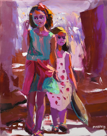 Siblings with a Fish 71x56cm Oil On Canvas
