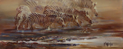 Sipping Zebras 20x50cm Oil on Canvas