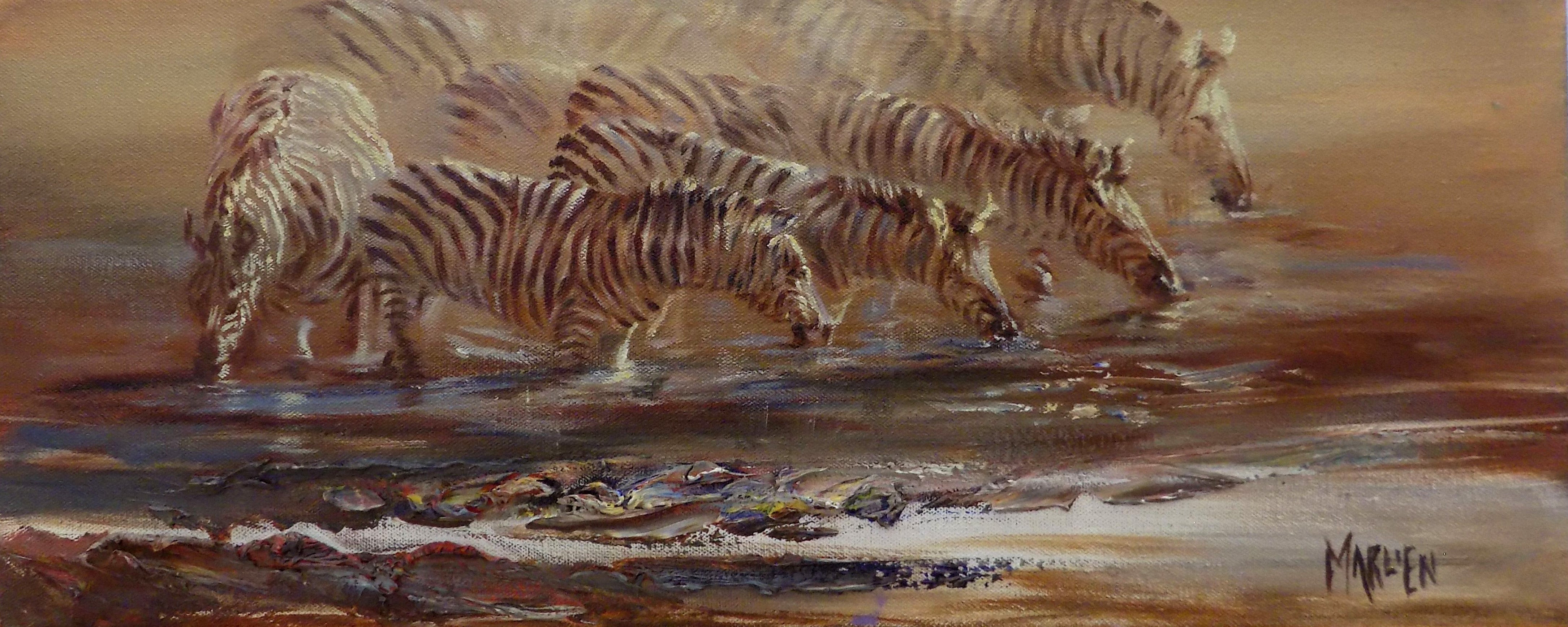 Sipping Zebras 20x50cm Oil on Canvas