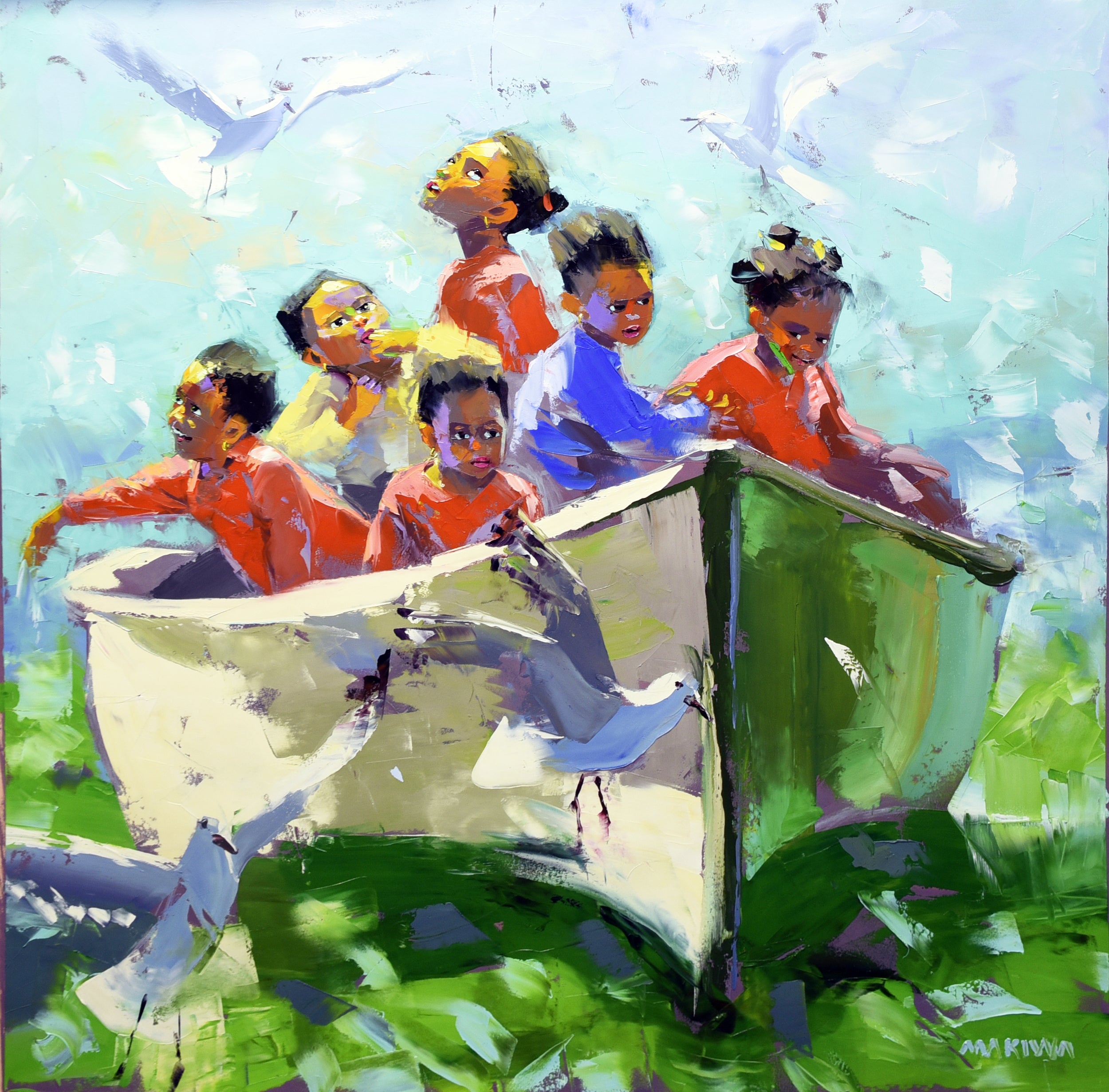 The Boat Kids 100x100cm Oil on Canvas