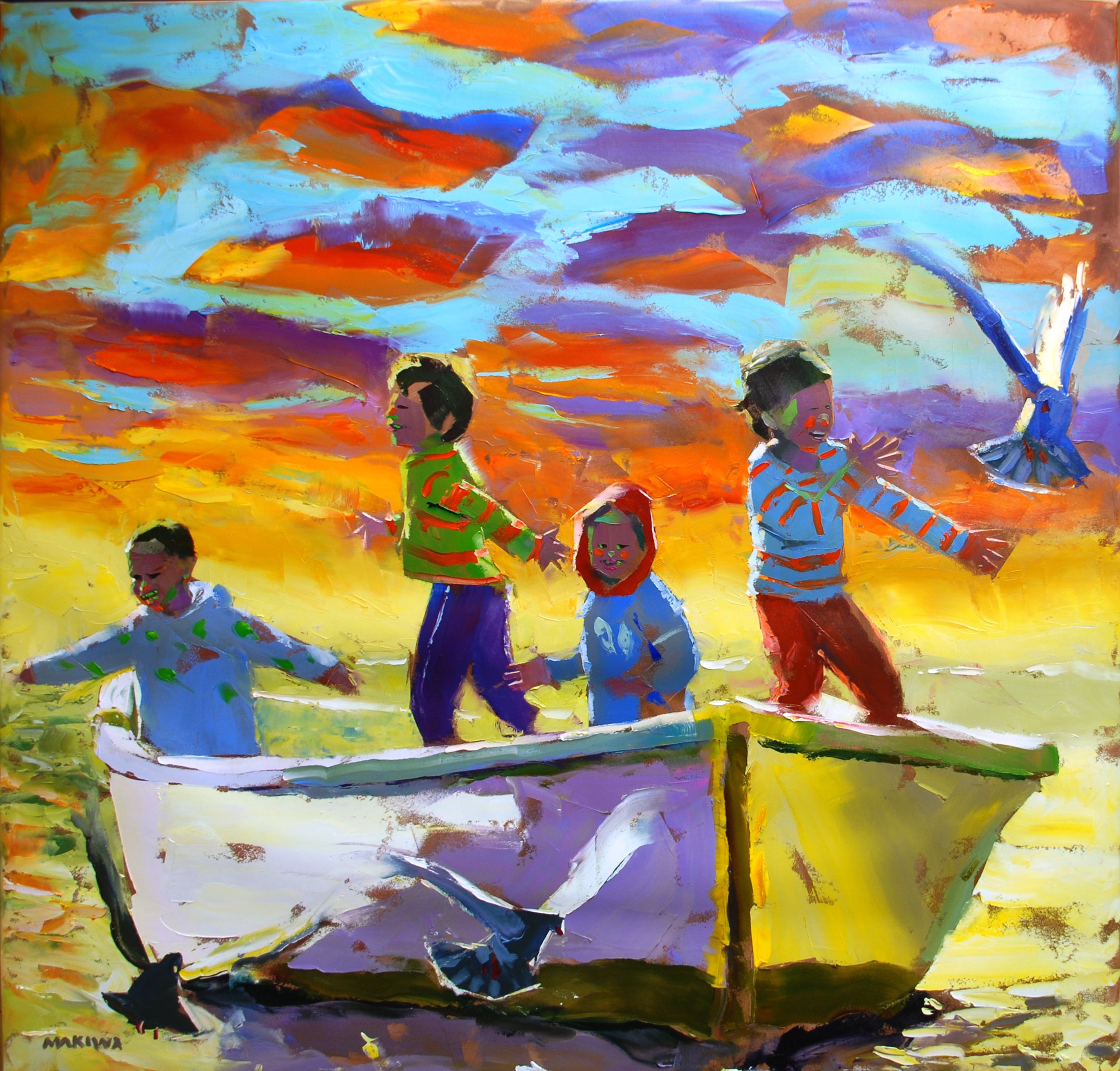 The Boys' Boat 140x140cm Oil on anvas