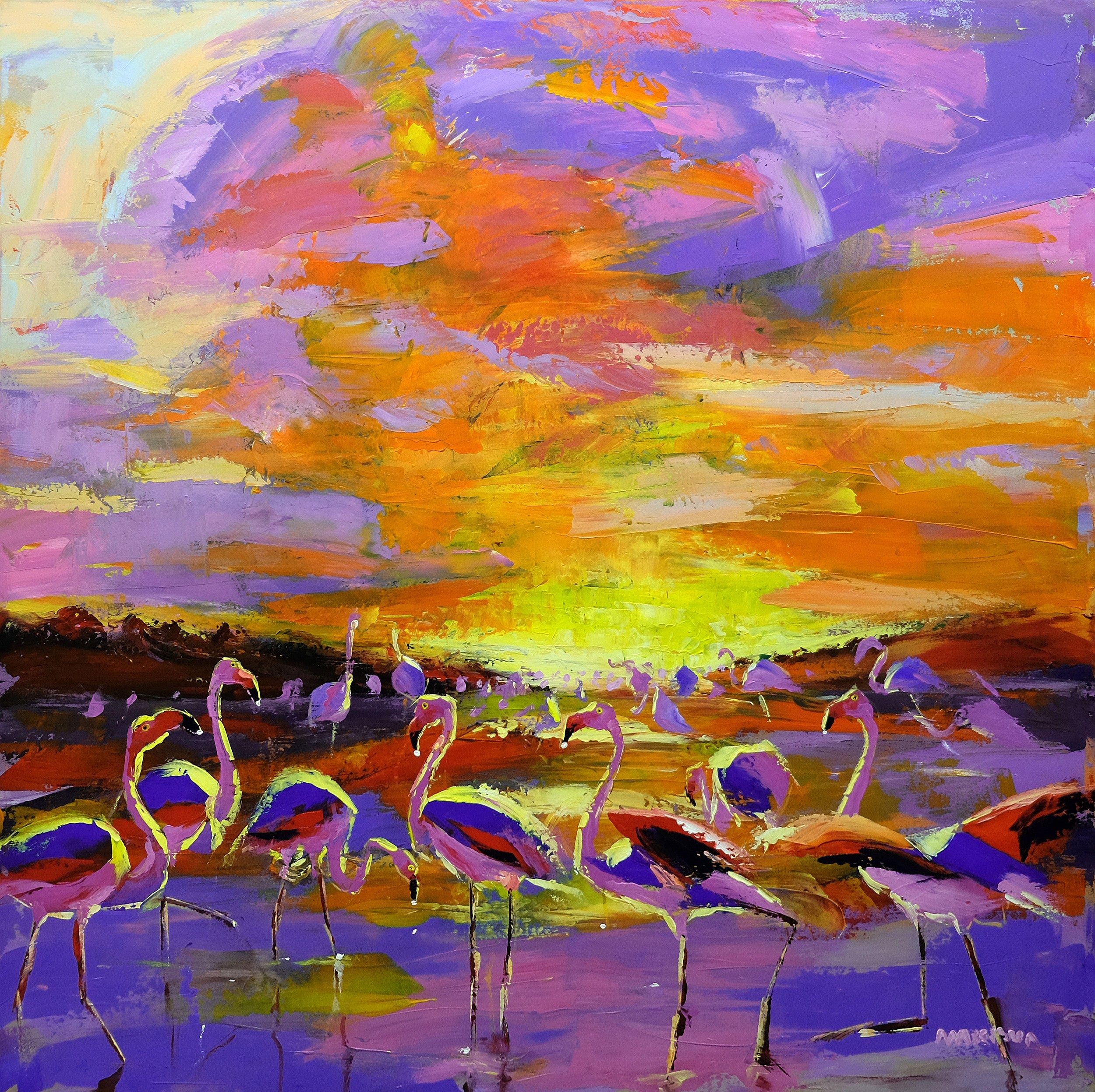 The Flamingoes at Sunset  120x120cm  Acrylic on Canvas