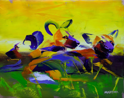 The Wild Dogs at Sunset  56x71cm Oil on Canvas