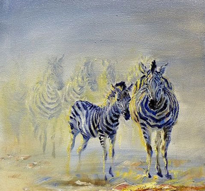 Zebras at the drinking Hole  30x30cm